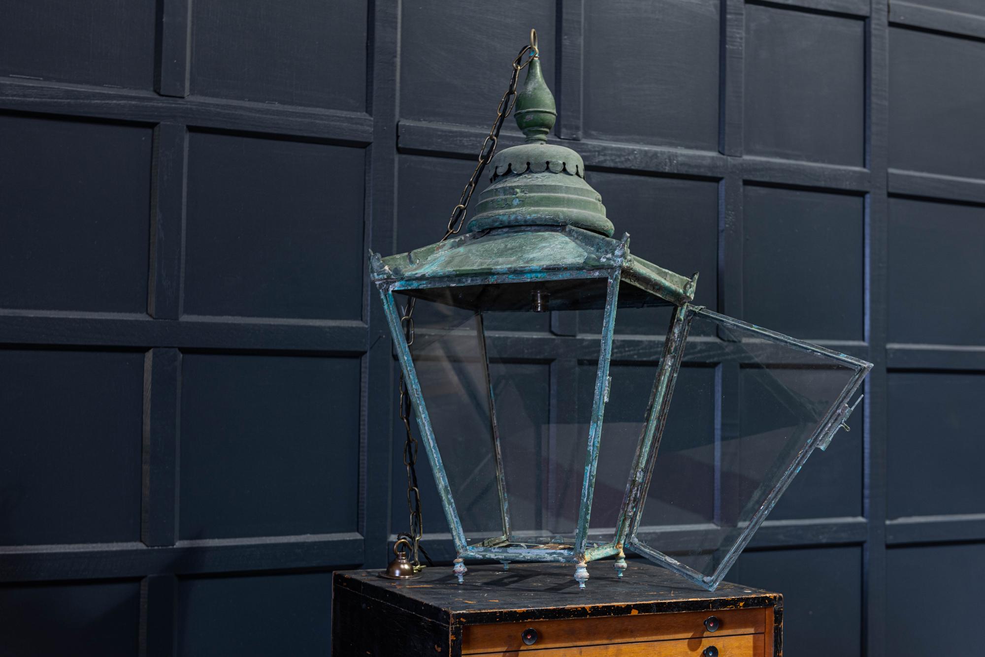 19th century English verdigris and painted lantern
circa 1870.

19th century verdigris and painted lantern. Excellent decorative colour with original paint and verdigris.
Comes with 1m of silk flex, 1m of heavy gauge antique brass chain and