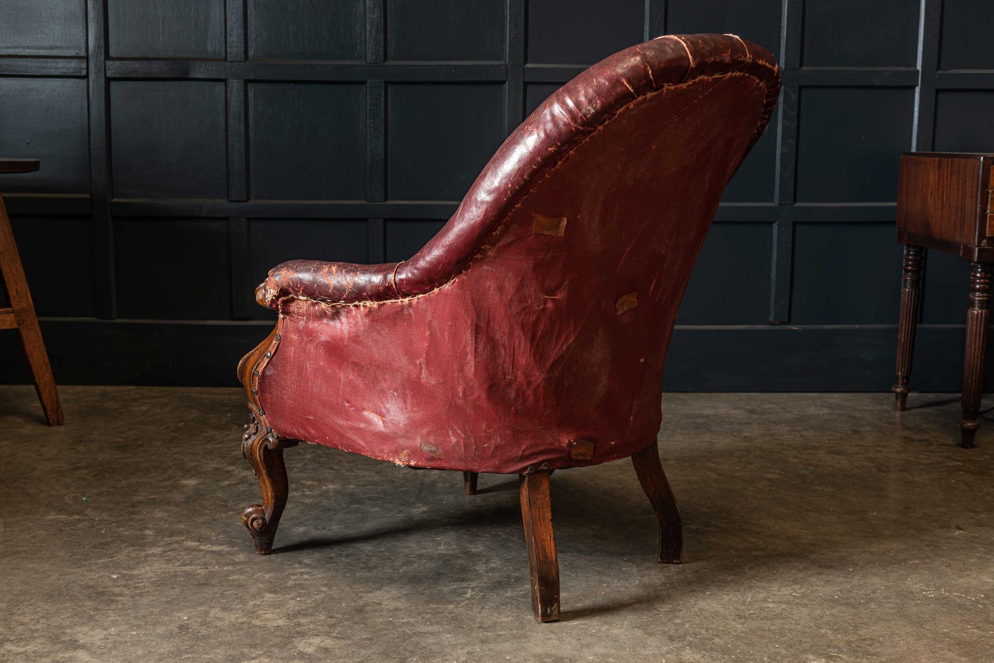 19th Century English Walnut Buttoned Library Armchair 7