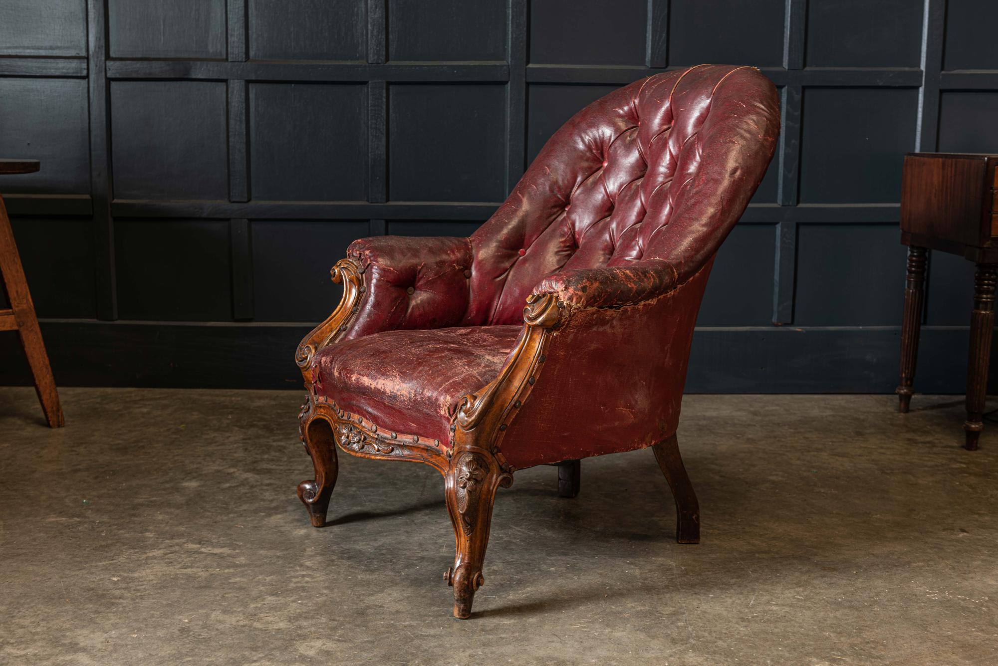 19th Century English Walnut Buttoned Library Armchair 9