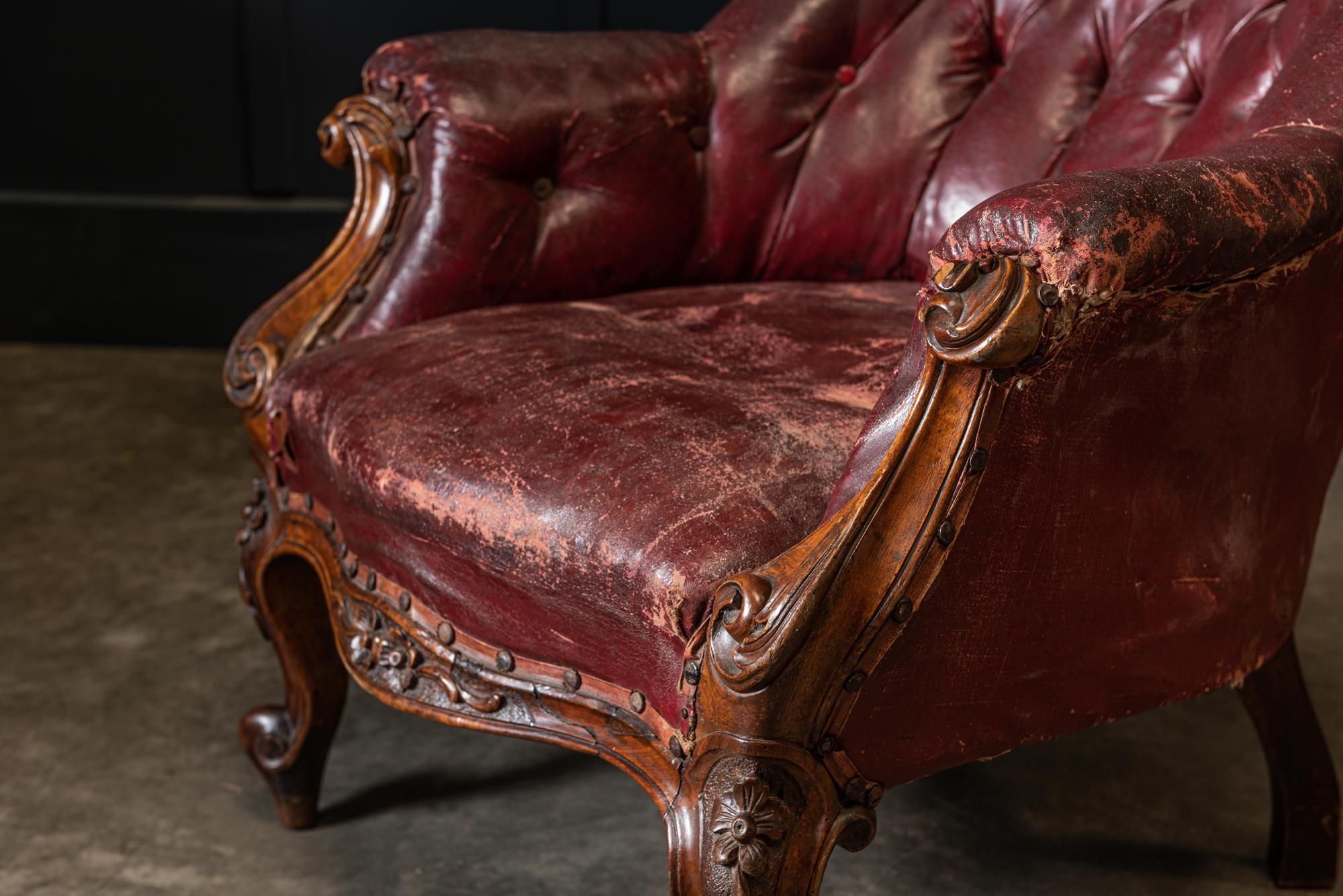 British 19th Century English Walnut Buttoned Library Armchair