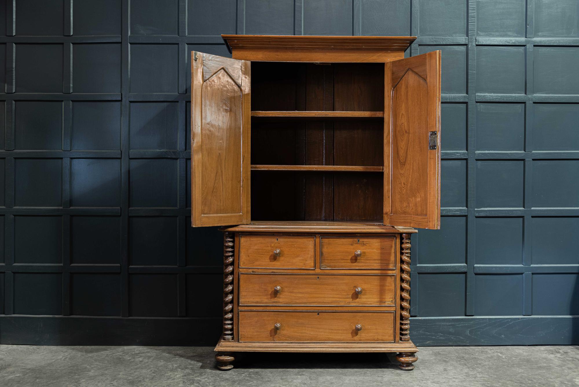 19th century English walnut housekeepers cupboard,
circa 1870.

Large Barley twist walnut housekeepers cupboard/linen press.

Two pieces, base chest and shelved cabinet.

Good scale and proportions.

Measures: Base
W 122 x D 50 x H