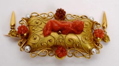 19thc Etruscan Revival 14k Gold Brooch Set with Carved Red Coral & Seed Pearls