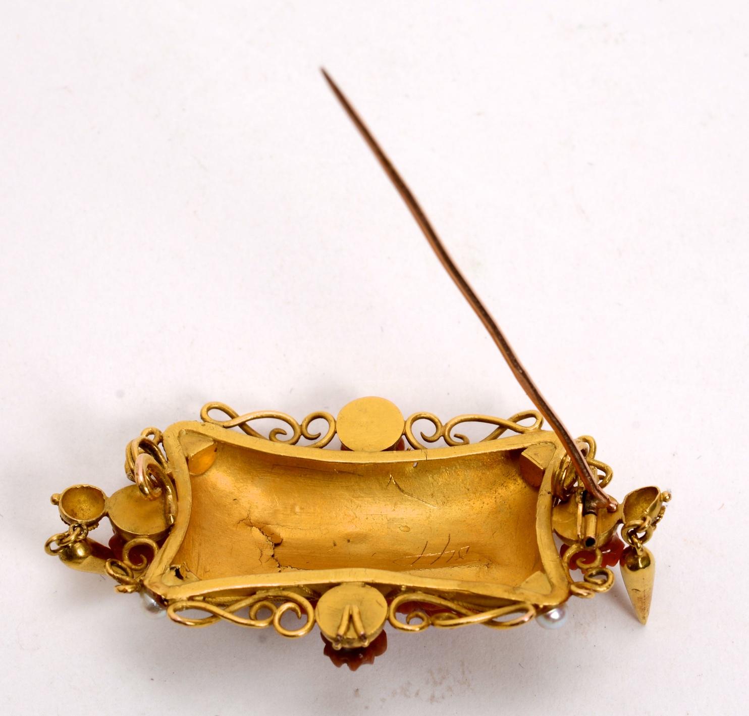 19thc Etruscan Revival 14k Gold Brooch Set with Carved Red Coral & Seed Pearls For Sale 3