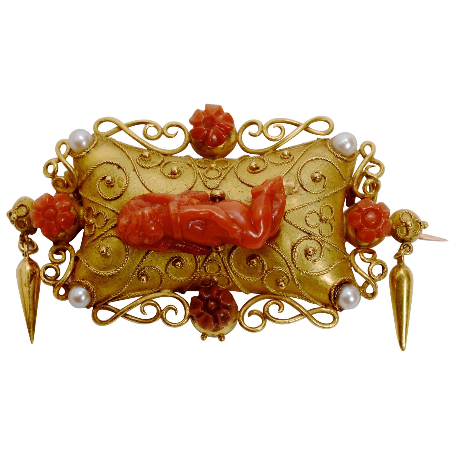 19thc Etruscan Revival 14k Gold Brooch Set with Carved Red Coral & Seed Pearls For Sale