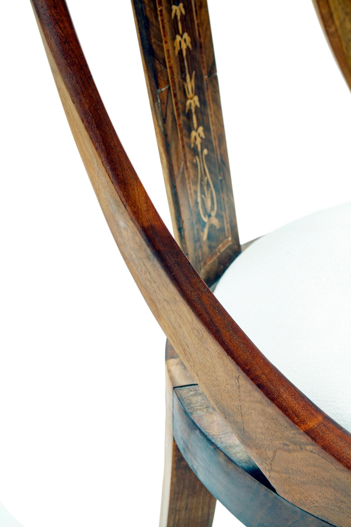 19th C European Biedermeier Inlaid Dining Chairs / Linen Seats Set of 5 3
