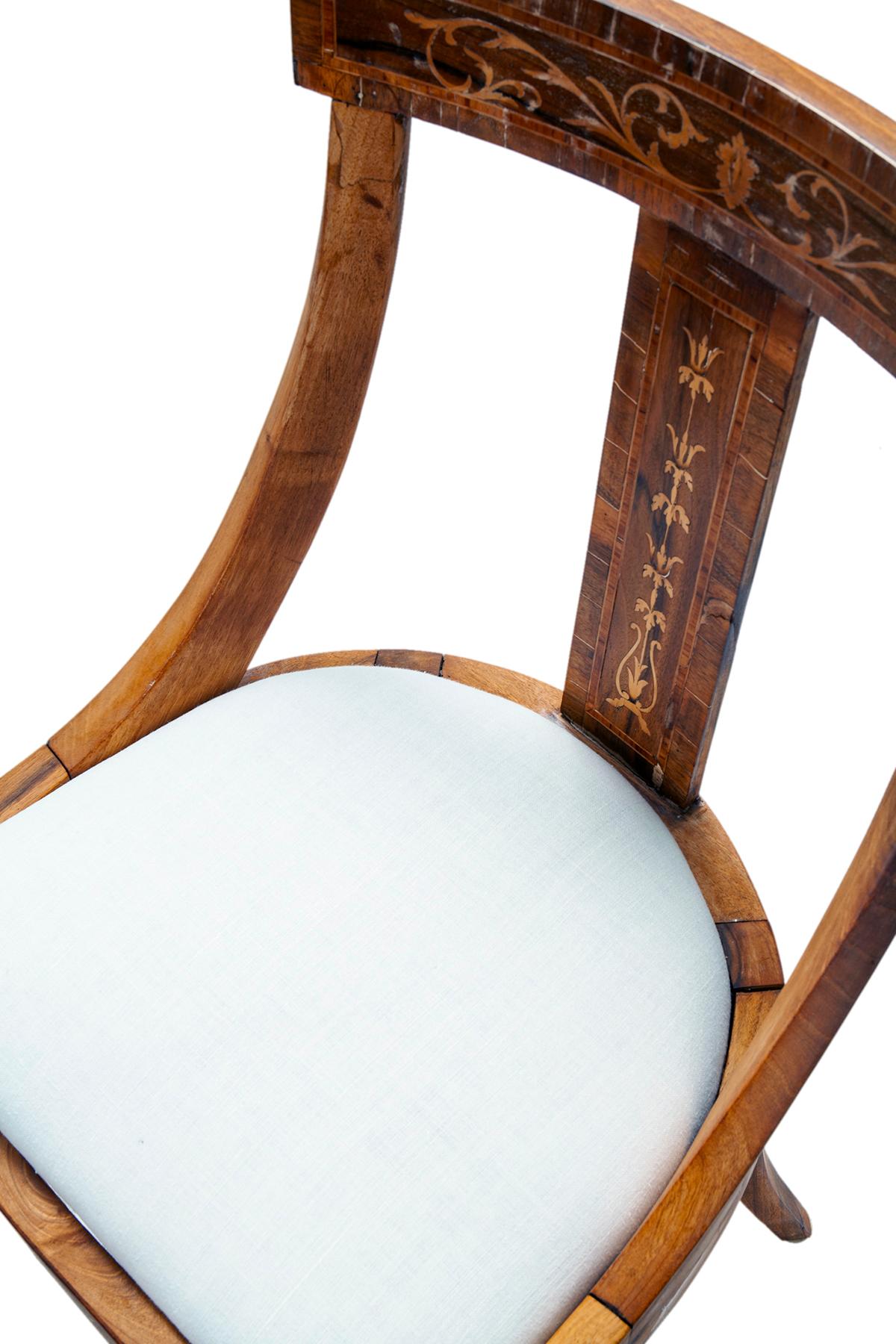 19th C European Biedermeier Inlaid Dining Chairs / Linen Seats Set of 5 6