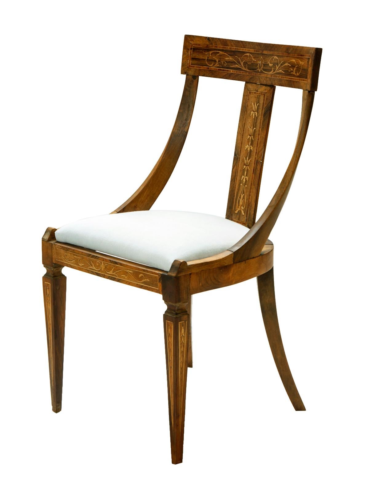 Neoclassical 19th C European Biedermeier Inlaid Dining Chairs / Linen Seats Set of 5