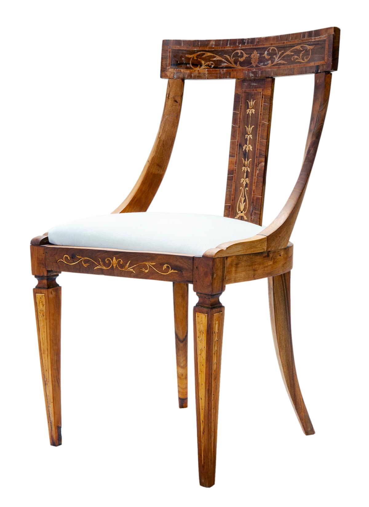 French 19th C European Biedermeier Inlaid Dining Chairs / Linen Seats Set of 5