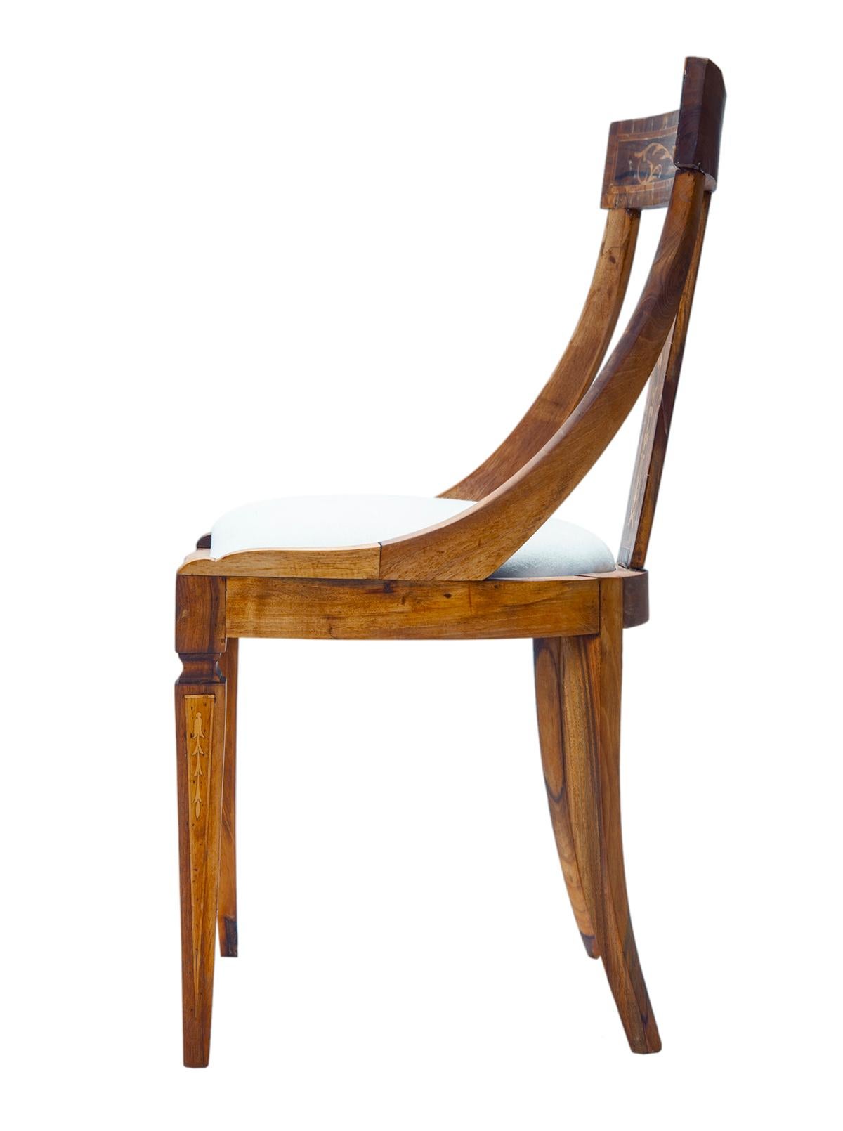 Marquetry 19th C European Biedermeier Inlaid Dining Chairs / Linen Seats Set of 5