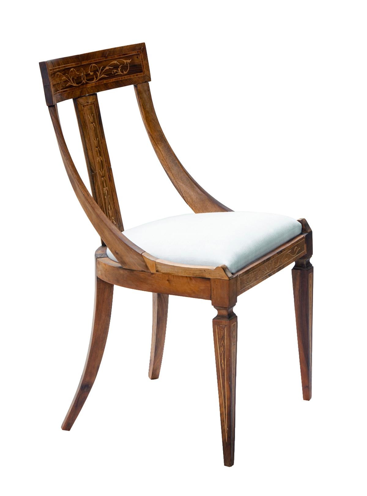 19th C European Biedermeier Inlaid Dining Chairs / Linen Seats Set of 5 In Good Condition In Malibu, CA