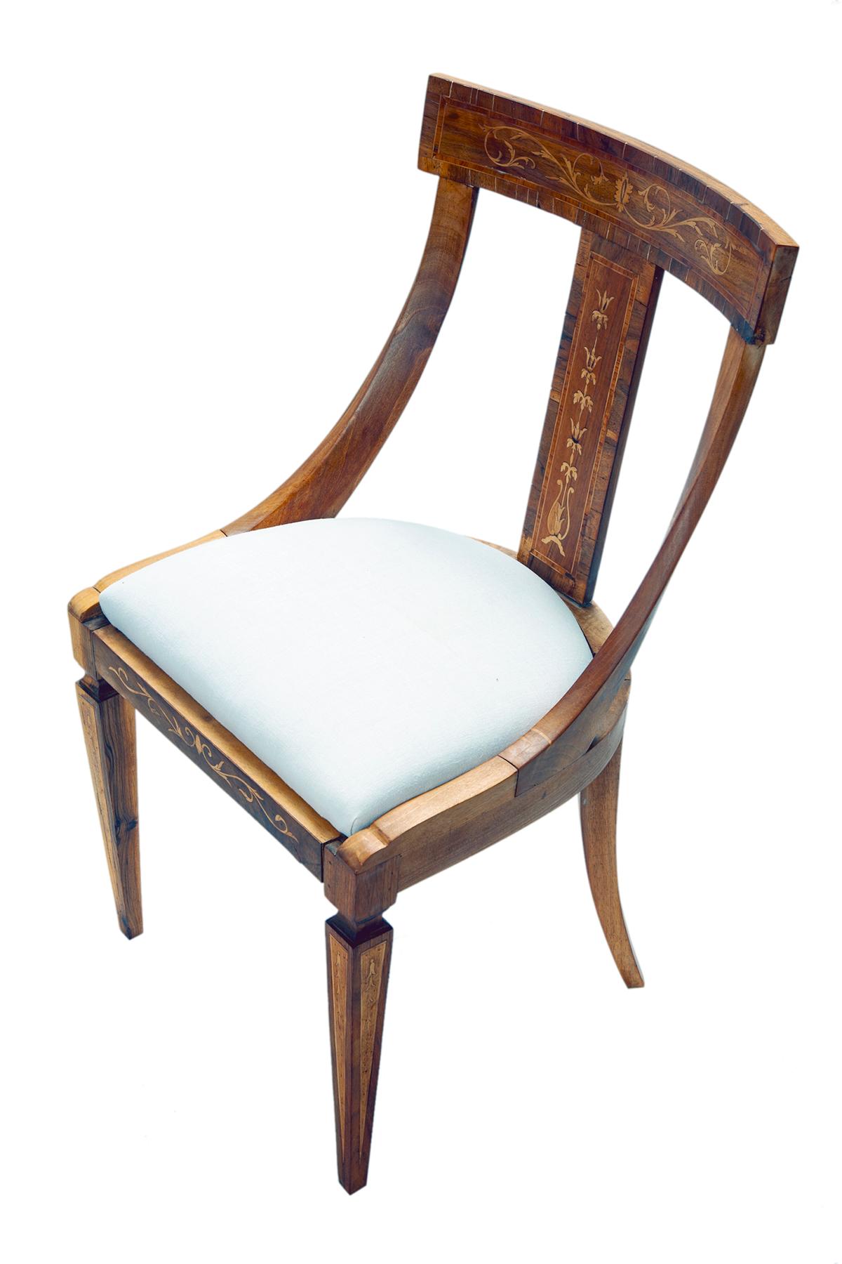 19th Century 19th C European Biedermeier Inlaid Dining Chairs / Linen Seats Set of 5