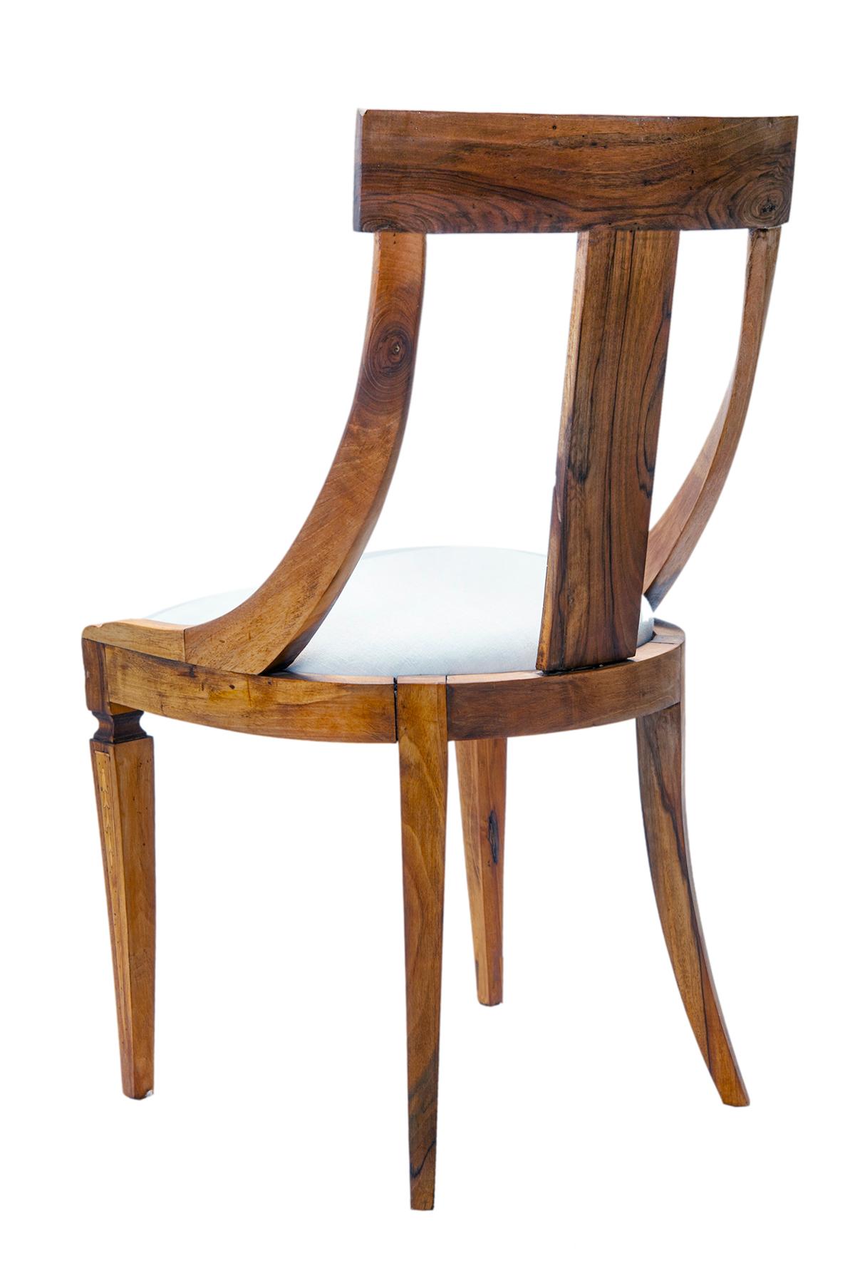 19th C European Biedermeier Inlaid Dining Chairs / Linen Seats Set of 5 1
