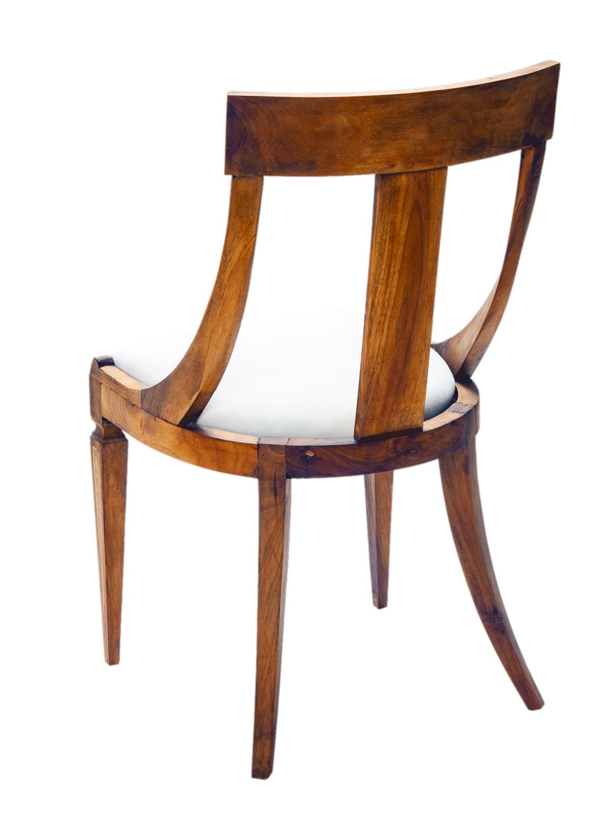 19th C European Biedermeier Inlaid Dining Chairs / Linen Seats Set of 5 2