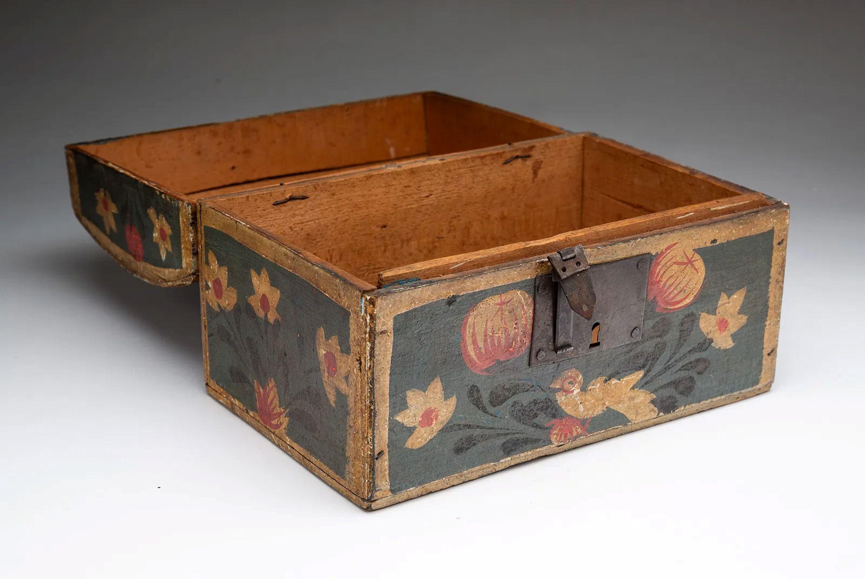 A charming 19th Century European dome-top box, crated from beech and decorated in vibrant original polychrome paint. . Having a rectangular, domed lid with wire bail handle and wire hinges above a conforming case.  Its construction highlights