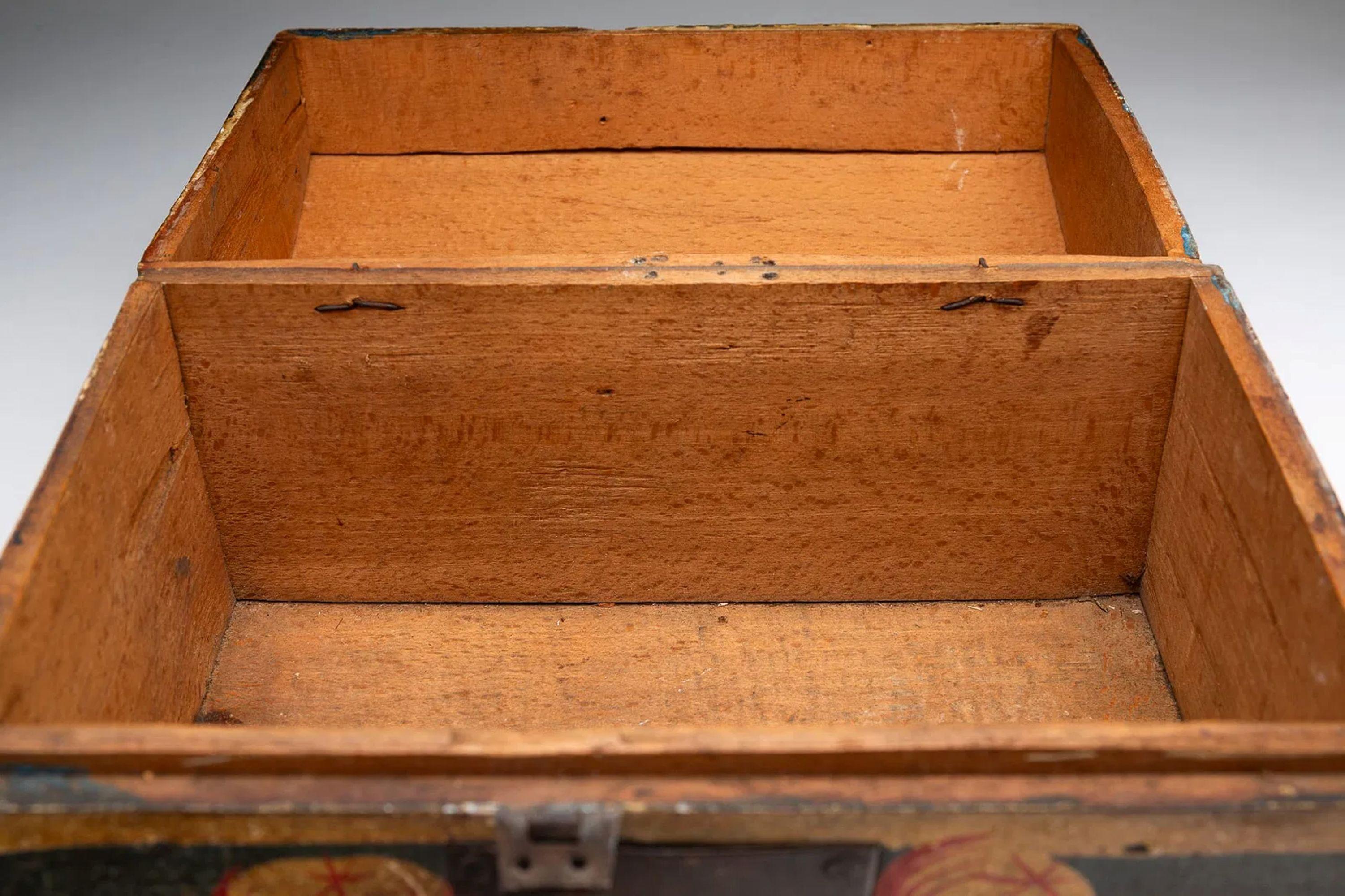 Folk Art 19thC European Polychrome-Decorated Beech Dome-Top Box For Sale