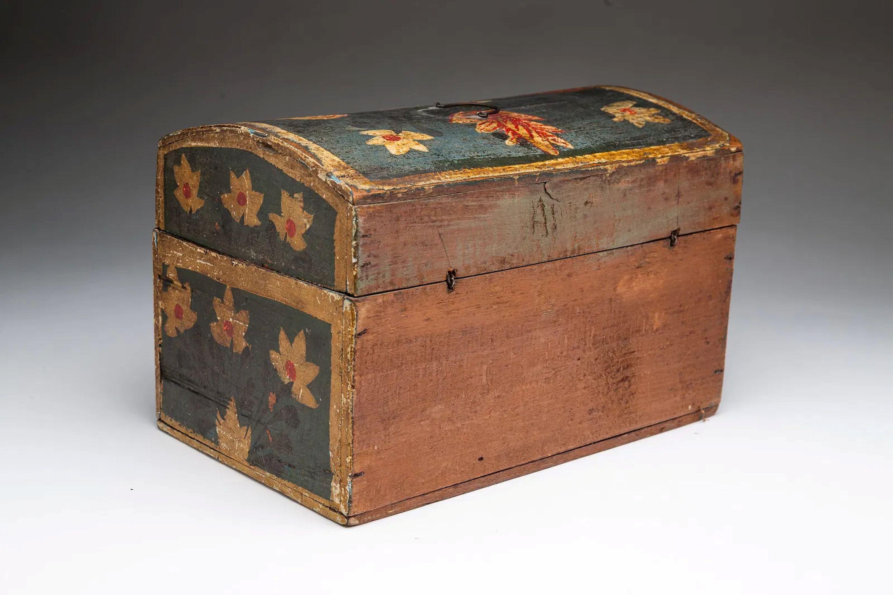 Polychromed 19thC European Polychrome-Decorated Beech Dome-Top Box For Sale