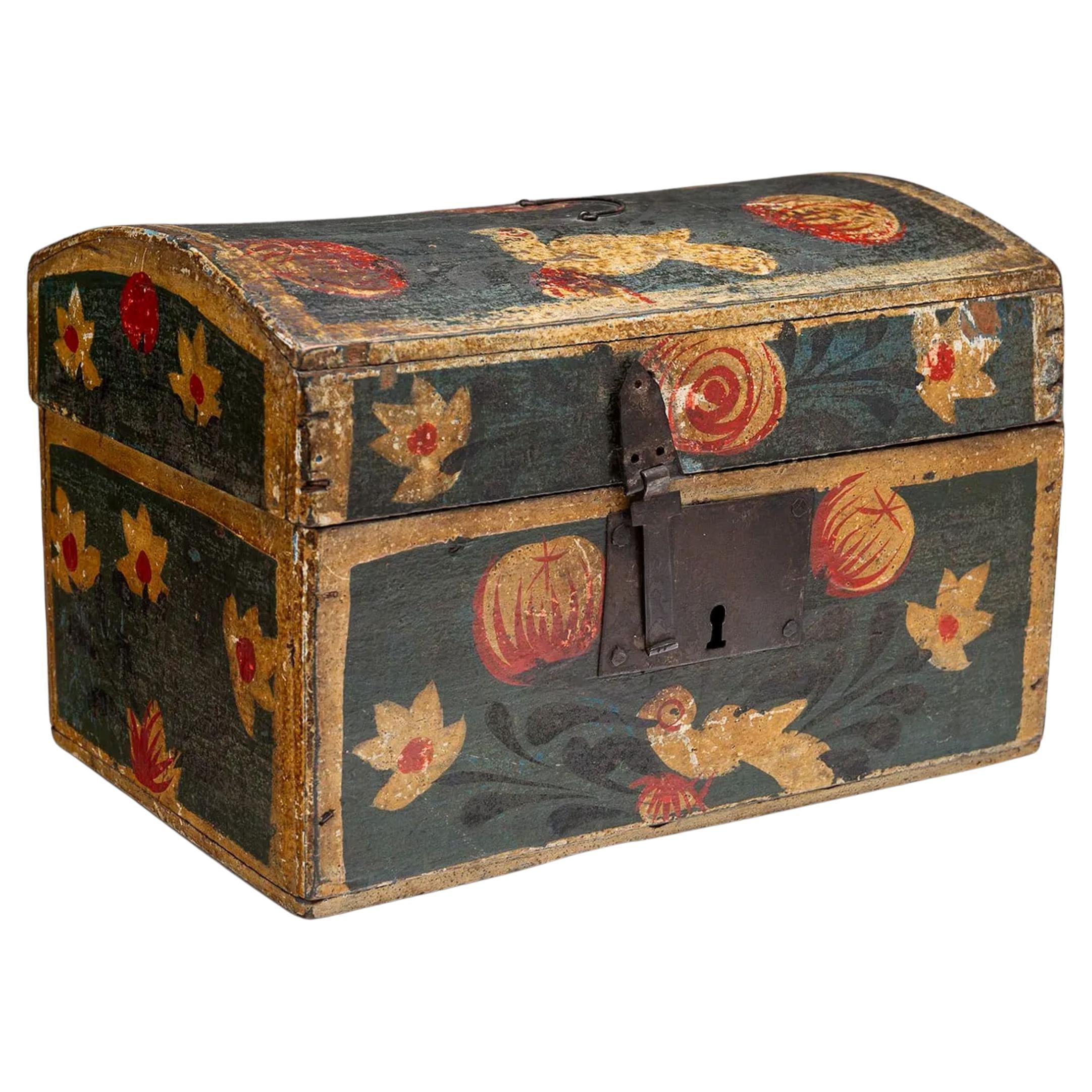 19thC European Polychrome-Decorated Beech Dome-Top Box For Sale