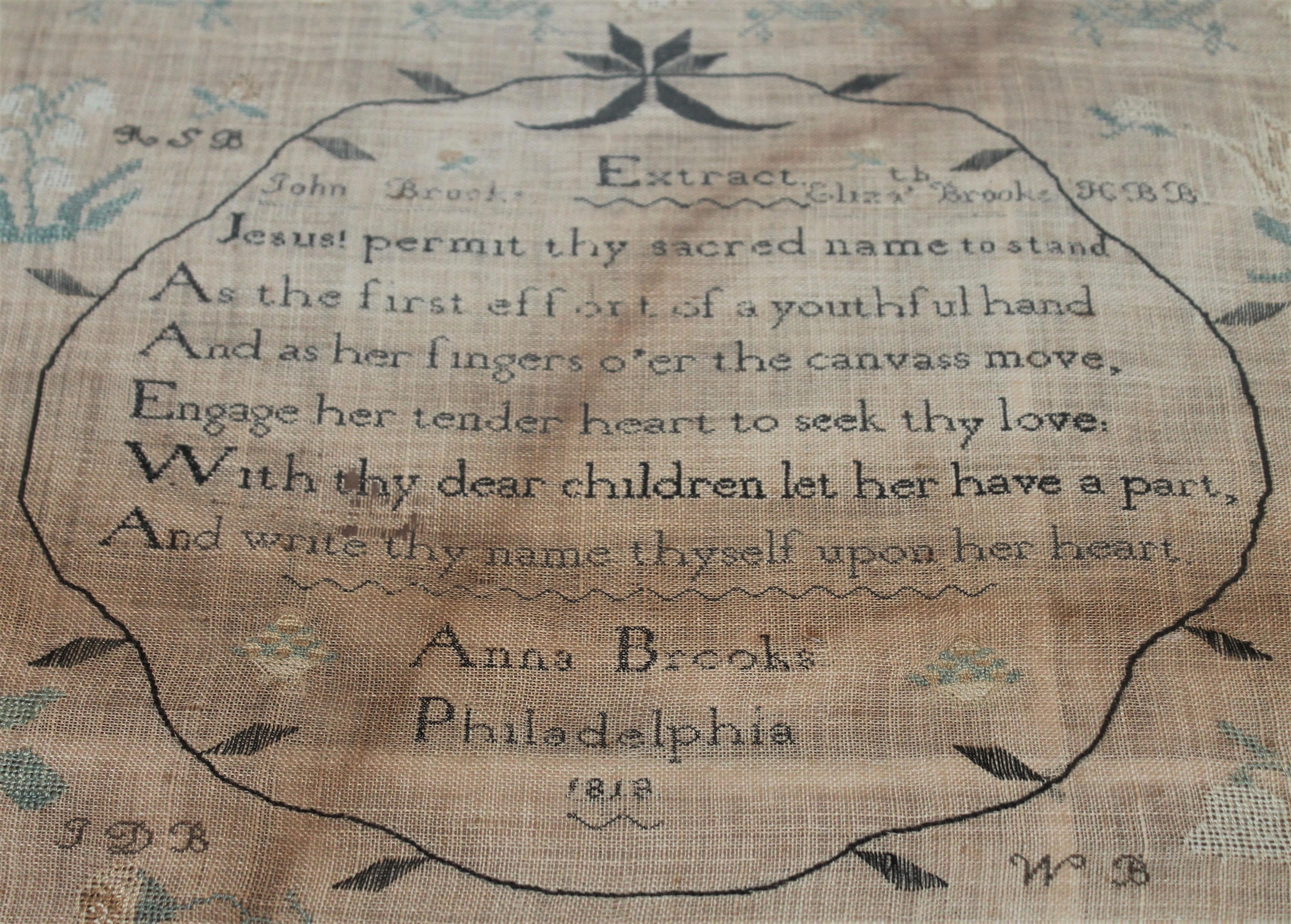 Early 19th century linen sampler dated 1818 made by Anna Brooks in PA. The initial on the sides of the Extract are of the Family From Grandparents on the left of the Extract to the siblings on the right of the Extract. There is a handmade blueprint