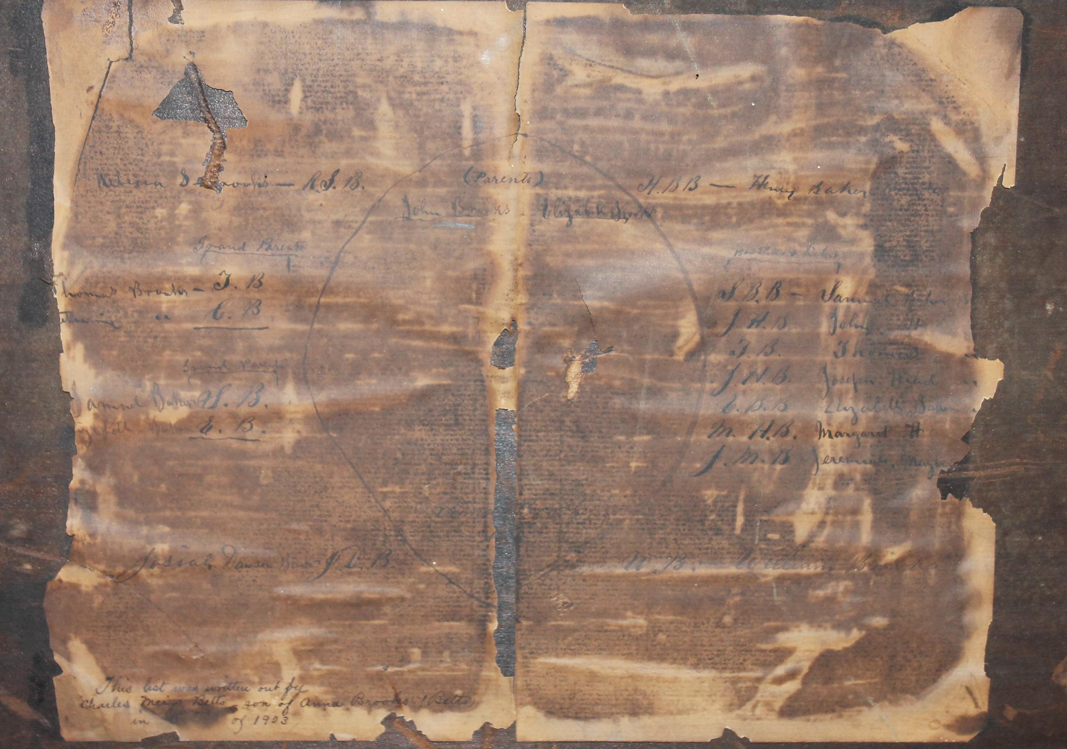 19th Century Extract Family Tree 'Anna Brooks, Philadelphia, 1818' In Distressed Condition In Los Angeles, CA