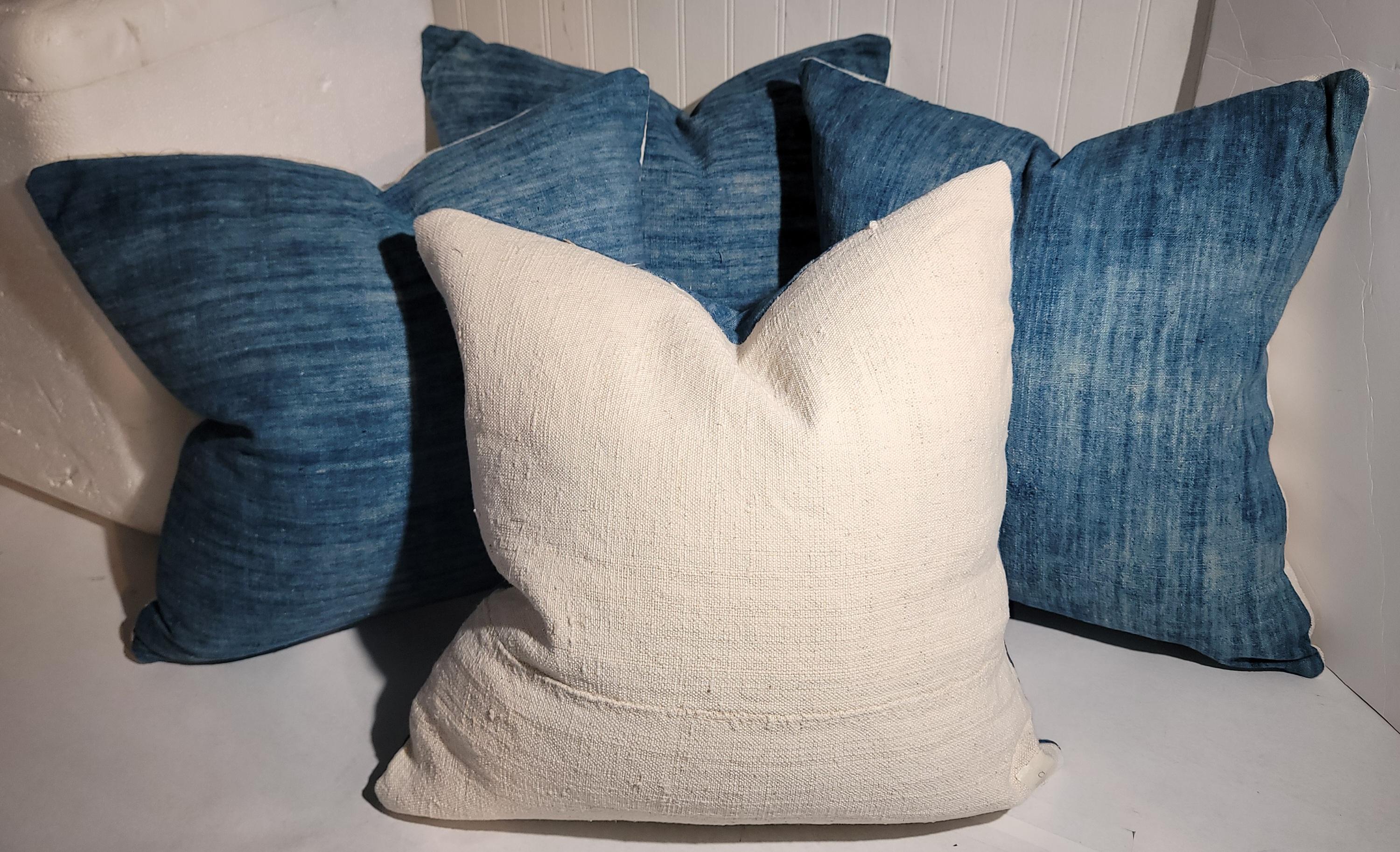 American 19Thc Faded Blue Homespun Linen Pillows -4 For Sale