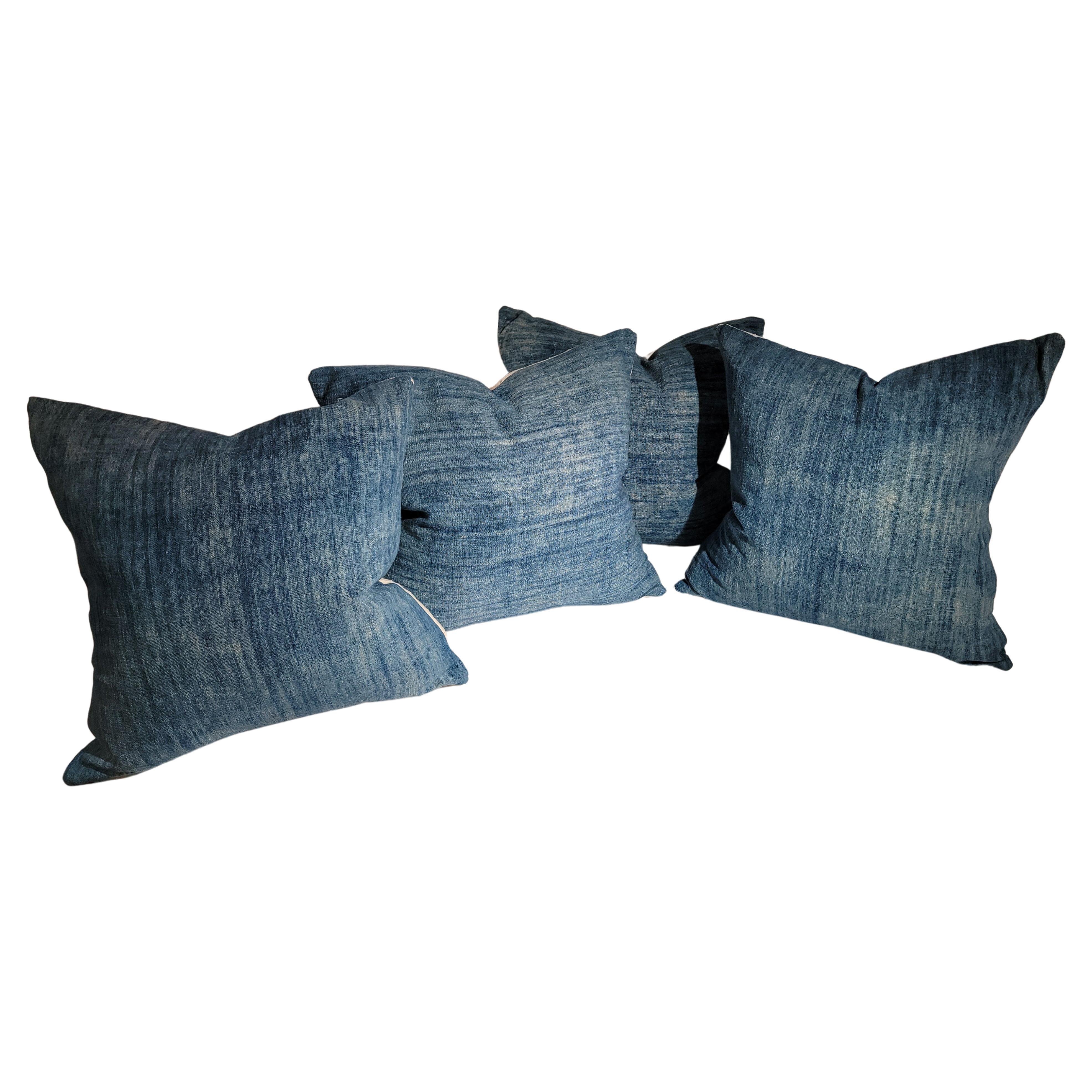 19Thc Faded Blue Homespun Linen Pillows -4 For Sale