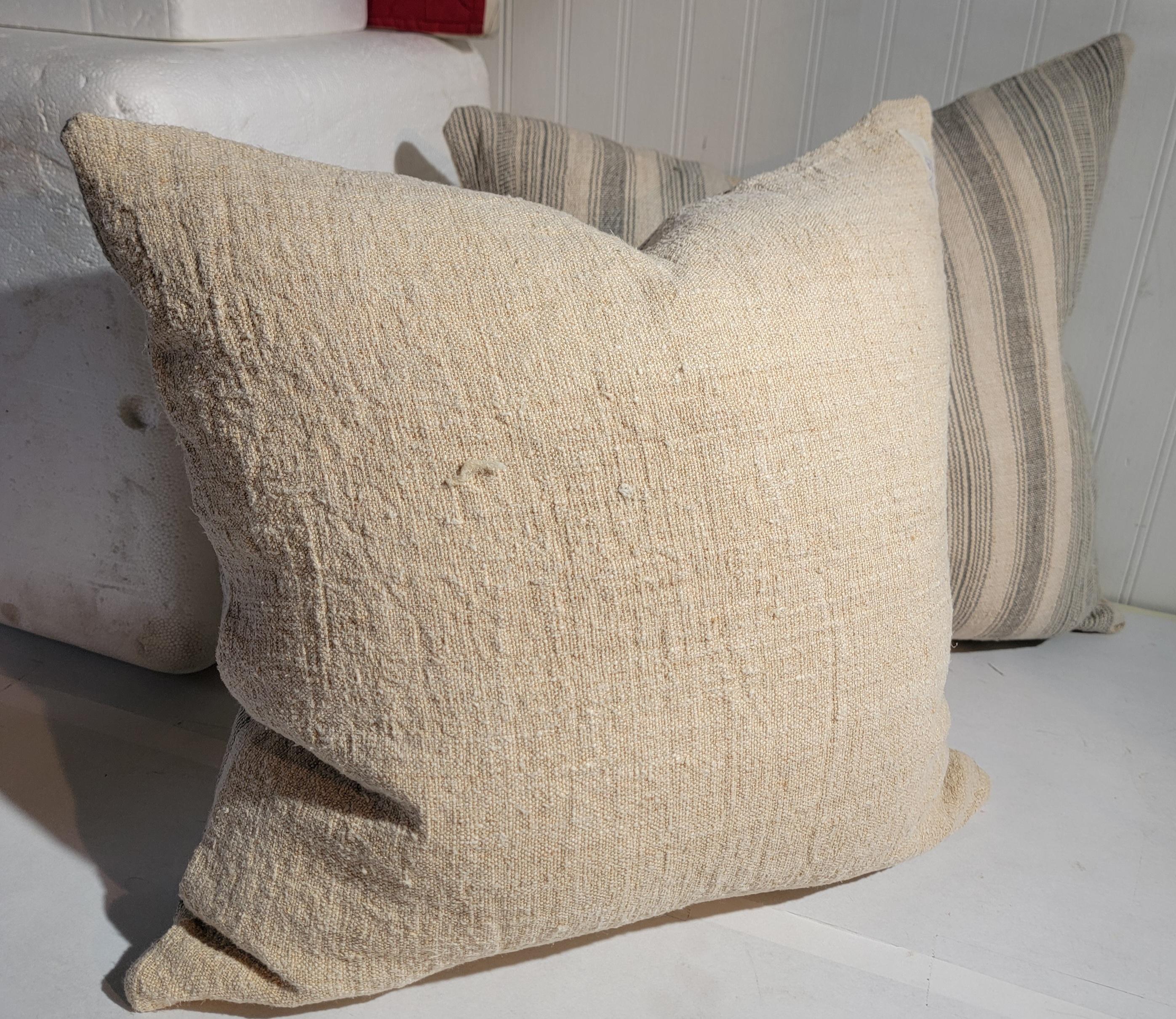 American 19Thc Faded Grey Ticking Pillows - Pair For Sale
