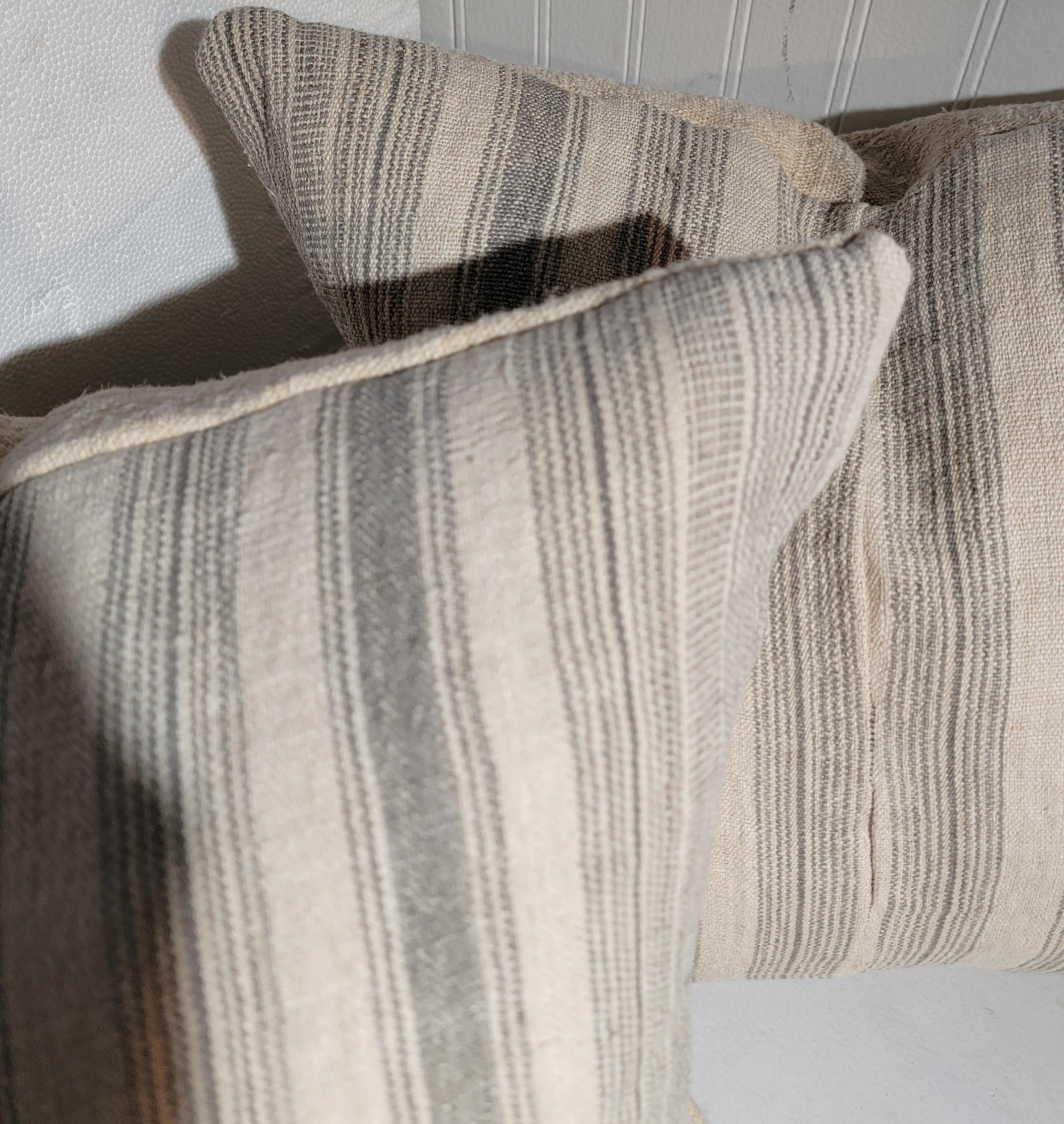19Thc Faded Grey Ticking Pillows - Pair In Good Condition For Sale In Los Angeles, CA