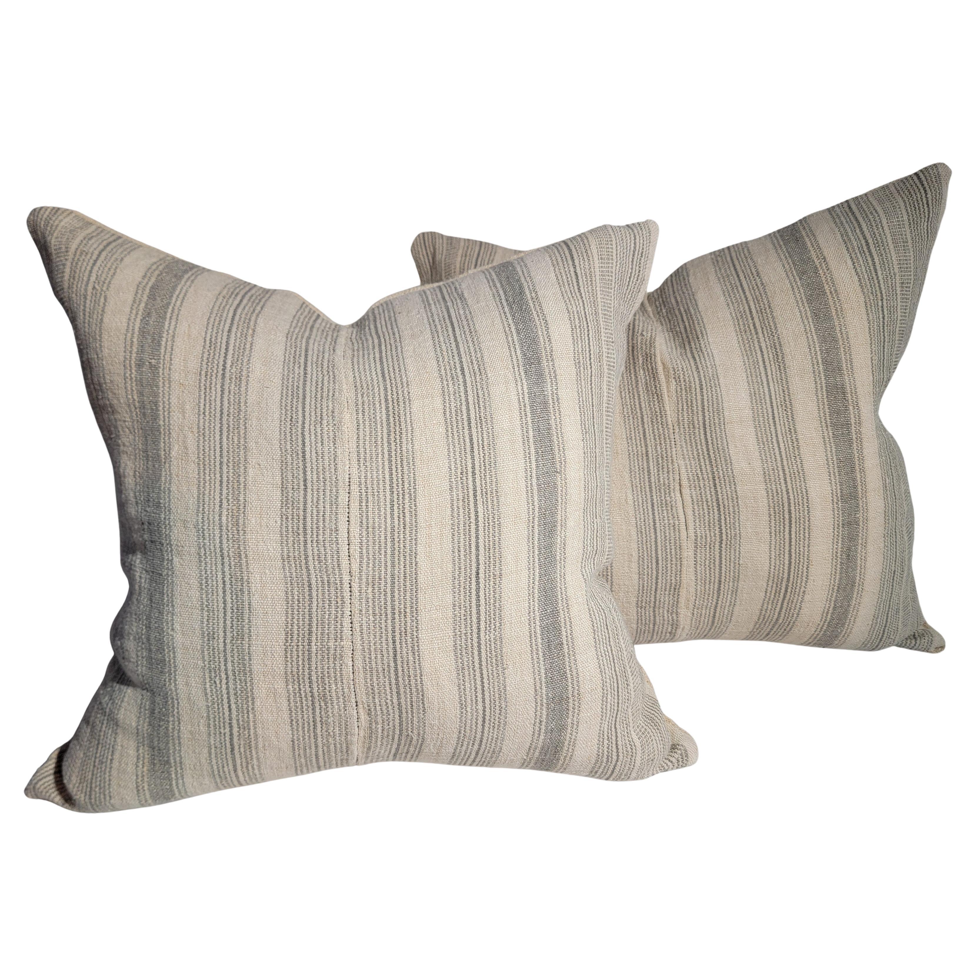 19Thc Faded Grey Ticking Pillows - Pair For Sale