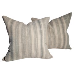 Antique 19Thc Faded Grey Ticking Pillows - Pair