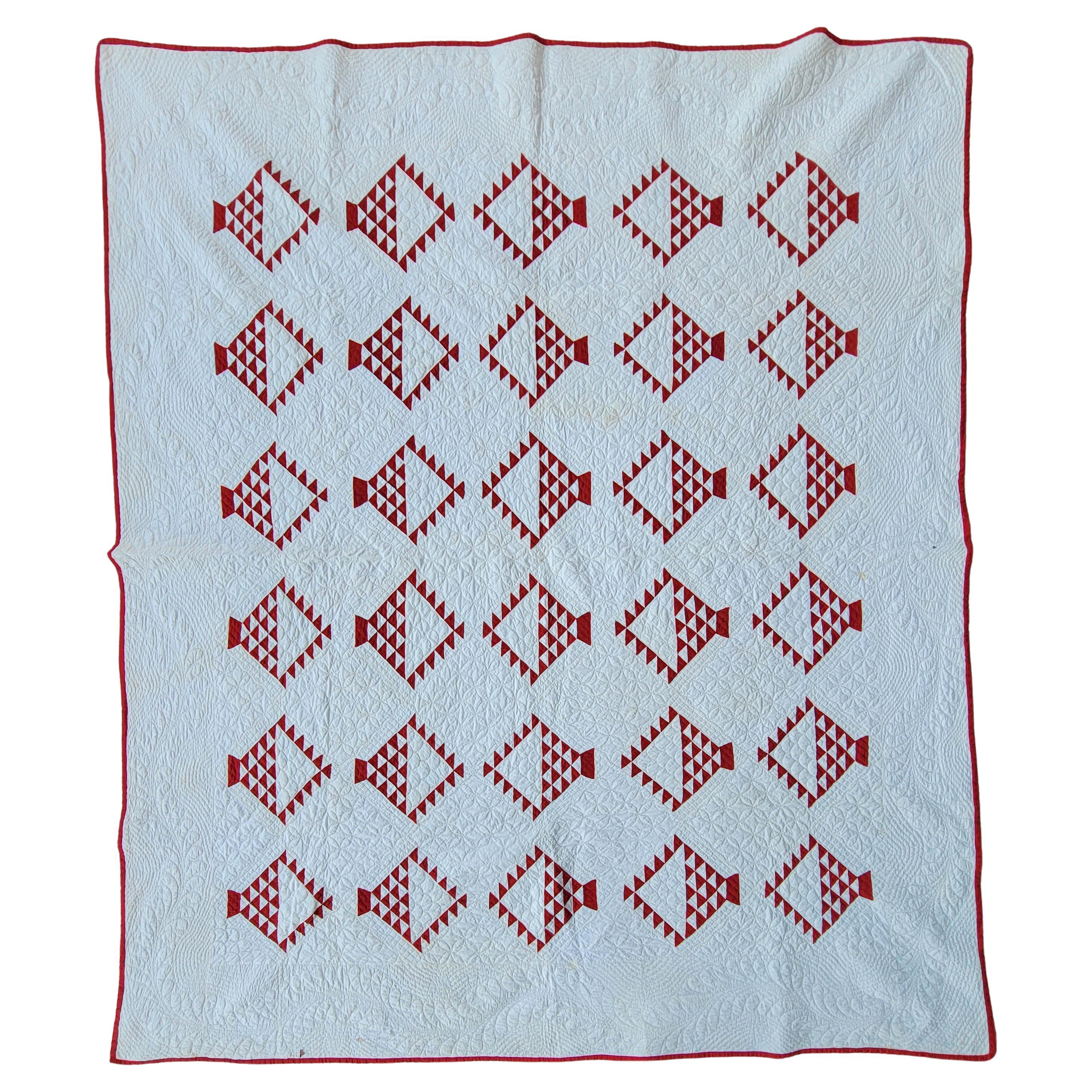 19Thc Fine Baskets of Chips Red & White Quilt For Sale