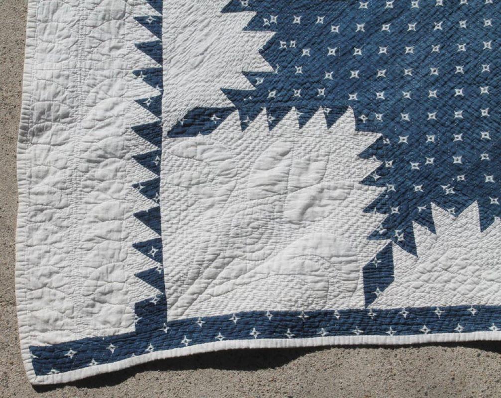 19th Century Fine Blue & White Feathered Star Quilt 3