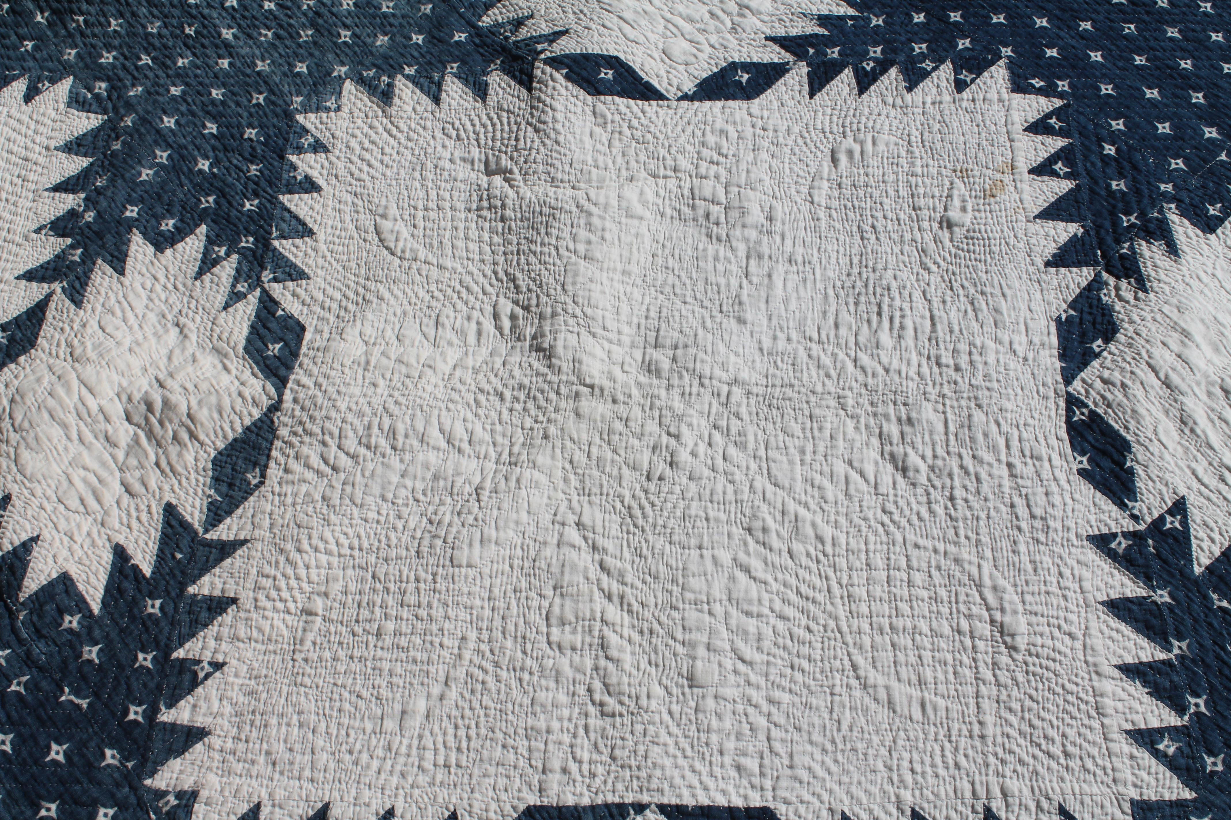 Hand-Crafted 19thc Fine Blue & White Feathered Star Quilt