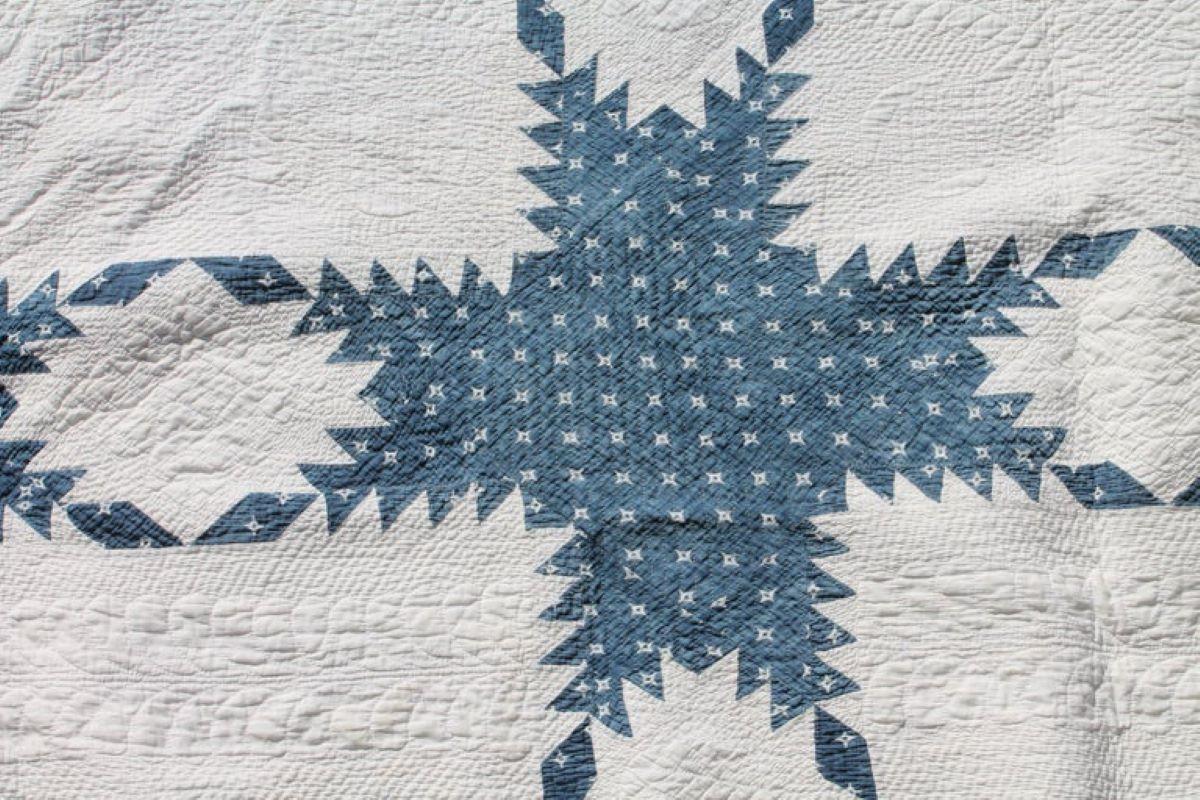Hand-Crafted 19th Century Fine Blue & White Feathered Star Quilt