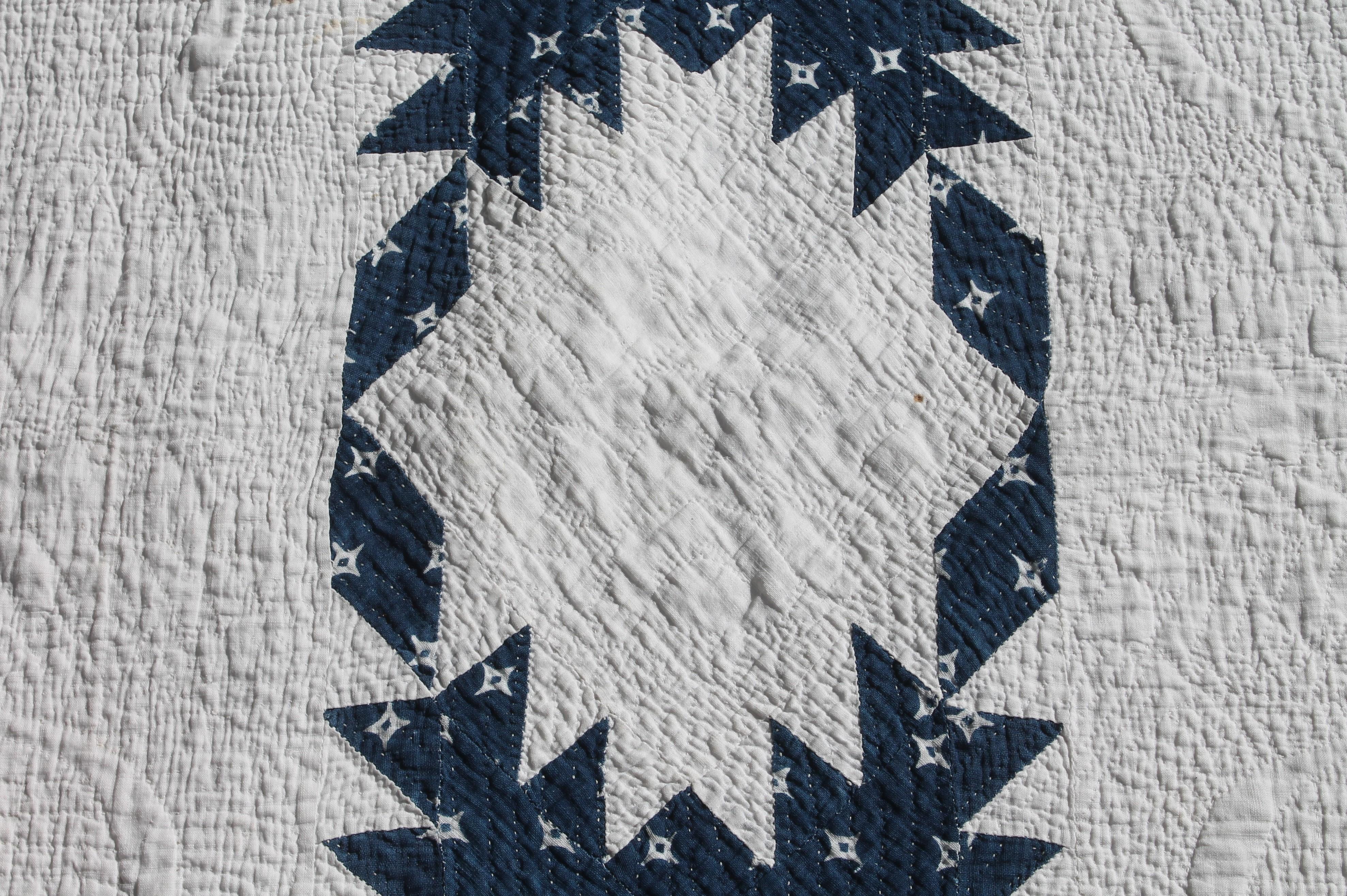 19thc Fine Blue & White Feathered Star Quilt In Good Condition In Los Angeles, CA