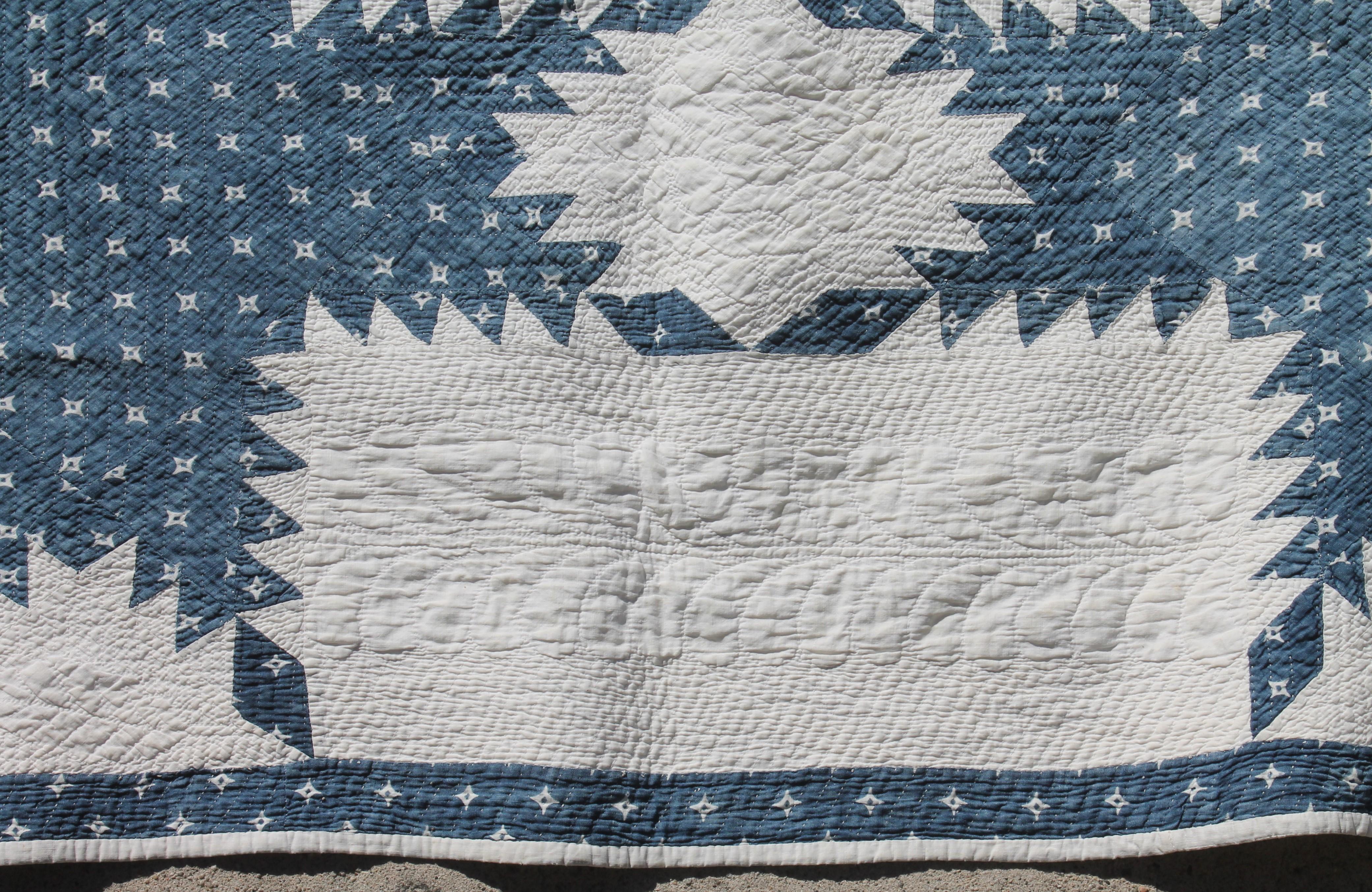19th Century 19thc Fine Blue & White Feathered Star Quilt