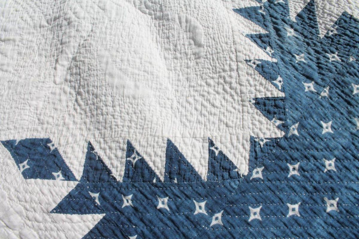 Cotton 19th Century Fine Blue & White Feathered Star Quilt