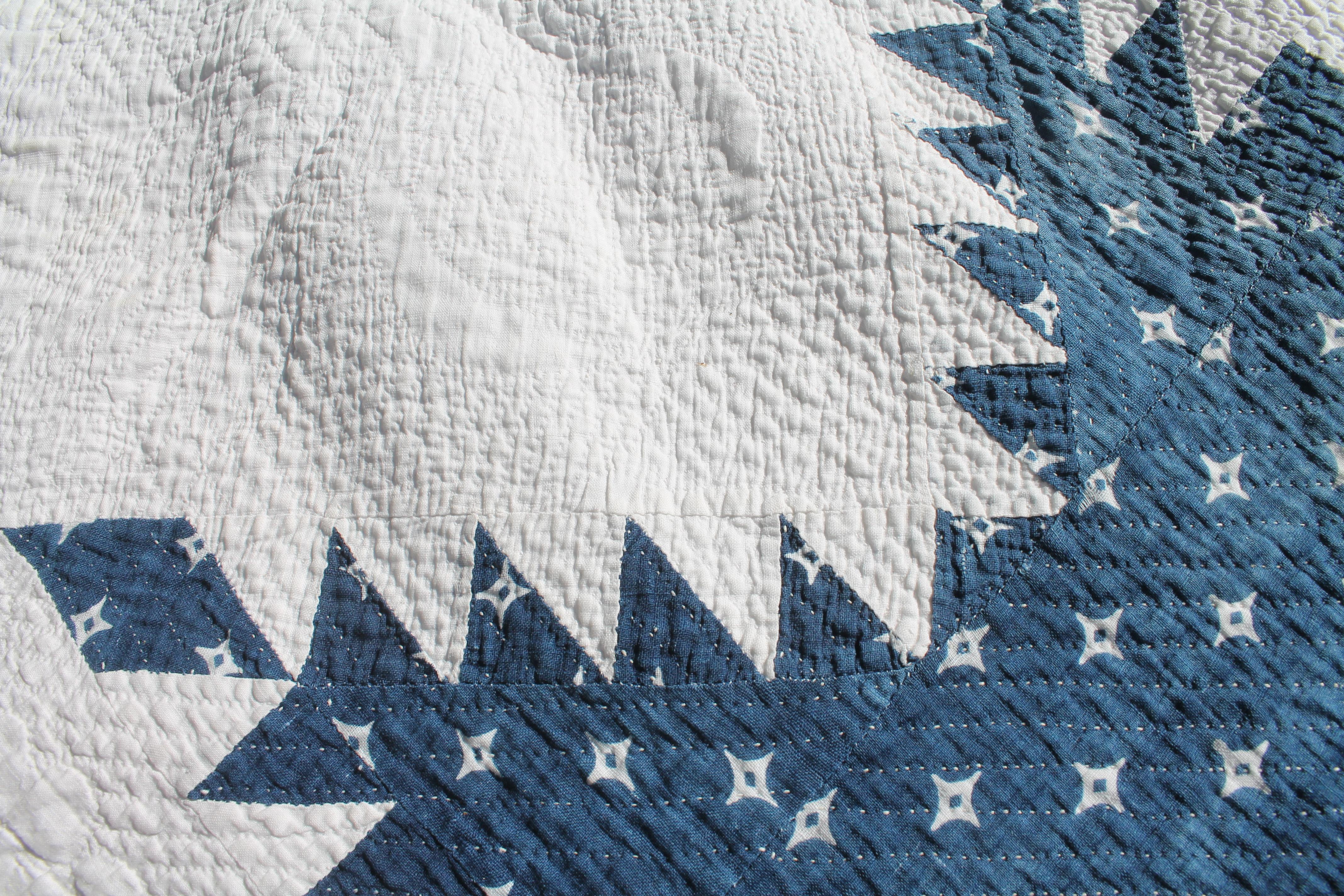 Cotton 19thc Fine Blue & White Feathered Star Quilt