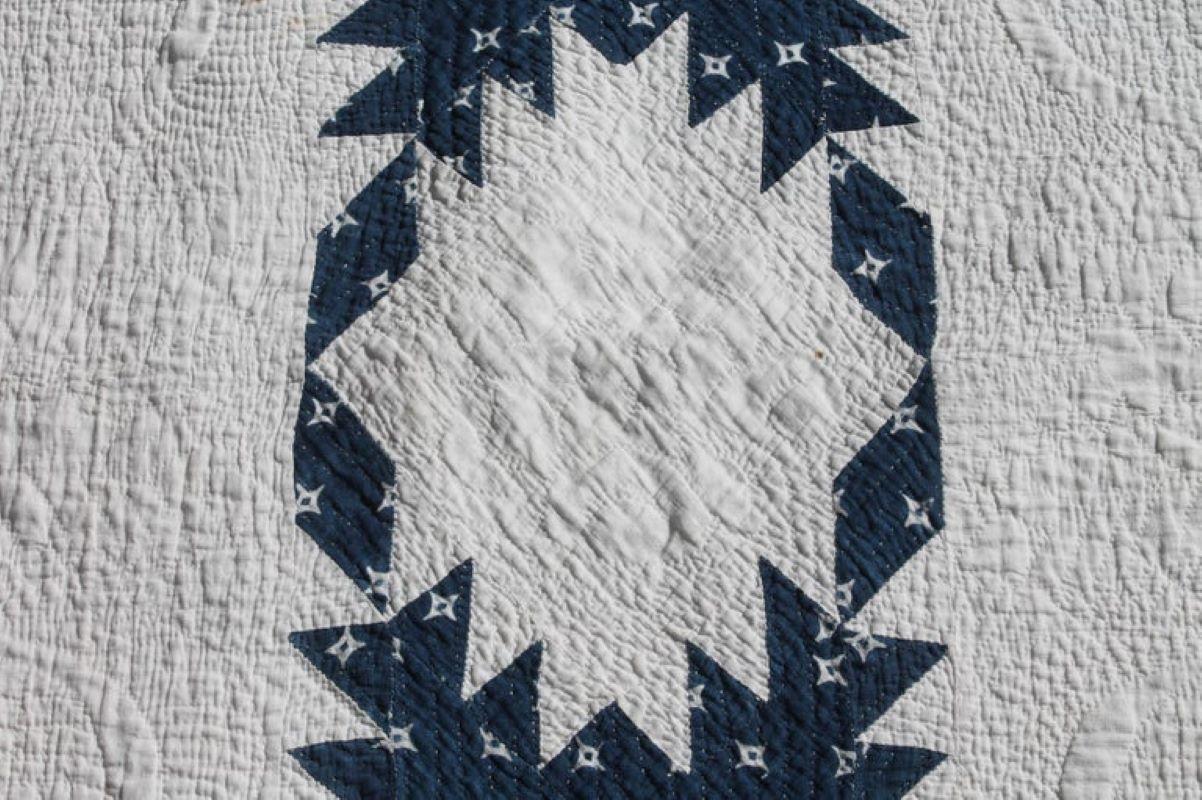19th Century Fine Blue & White Feathered Star Quilt 1