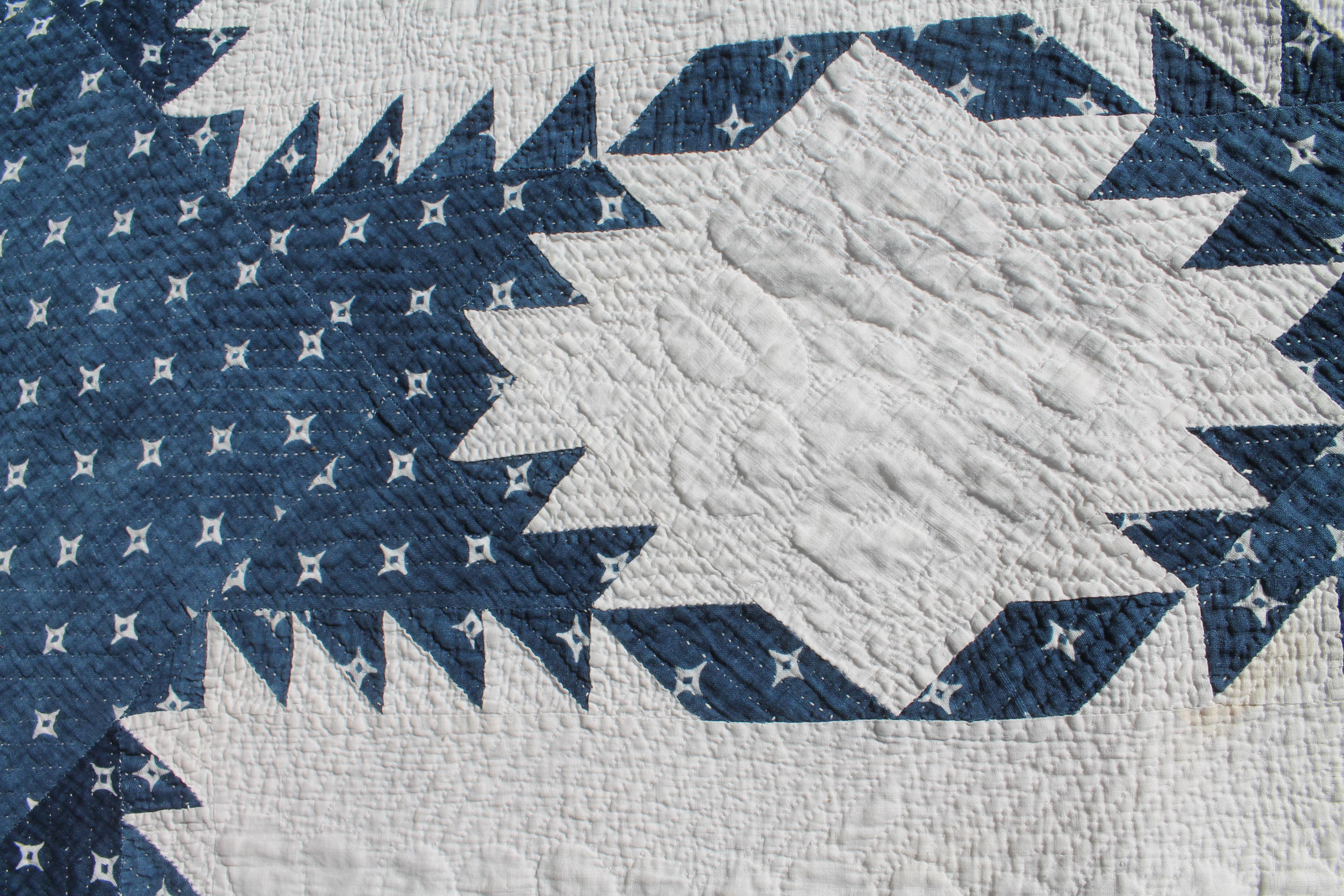 19thc Fine Blue & White Feathered Star Quilt 1