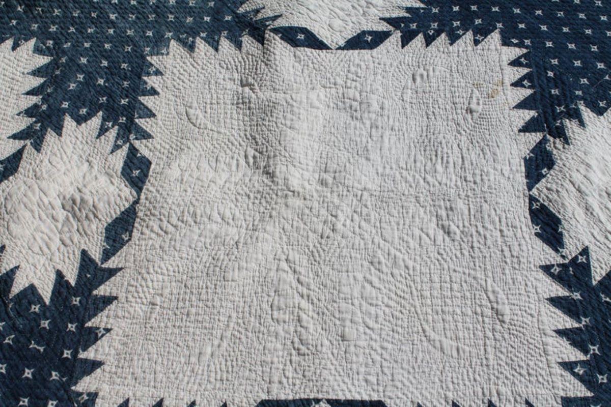 19th Century Fine Blue & White Feathered Star Quilt 2