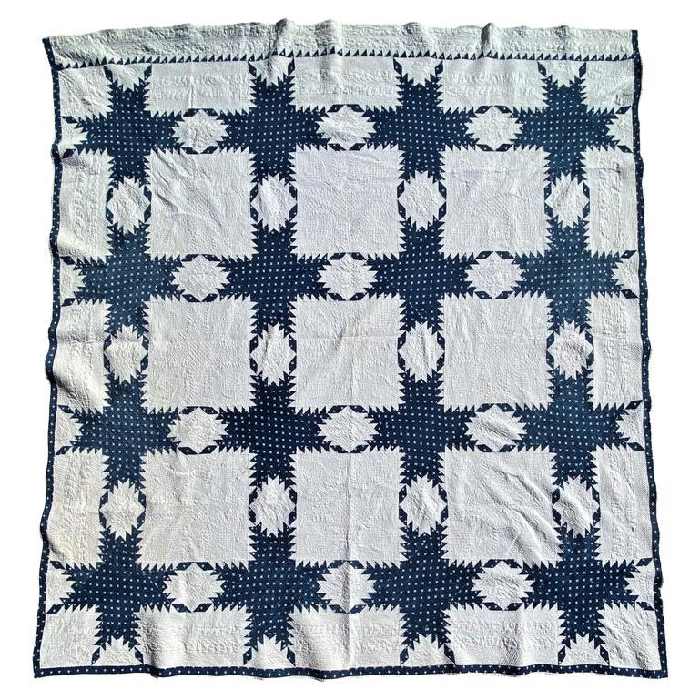 19th Century Fine Blue & White Feathered Star Quilt
