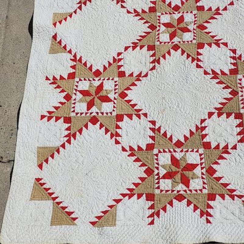 This fine 19th C feathered star is in very fine condition and fine quilting.Looks like stipple or trapunto stuff work. The fine detail in the mini pieces is unbelievable !!
This quilt was found in southern Ohio from a private estate.This is a great