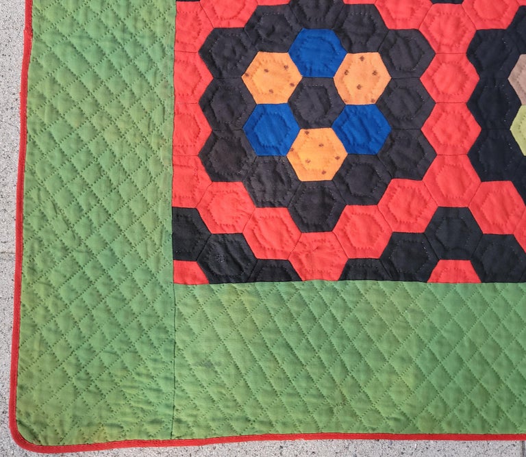 19thc Flower Garden Wool Quilt In Good Condition For Sale In Los Angeles, CA