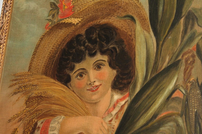 19th Century Folk Art Oil Painting of a Girl Holding Wheat For Sale at ...