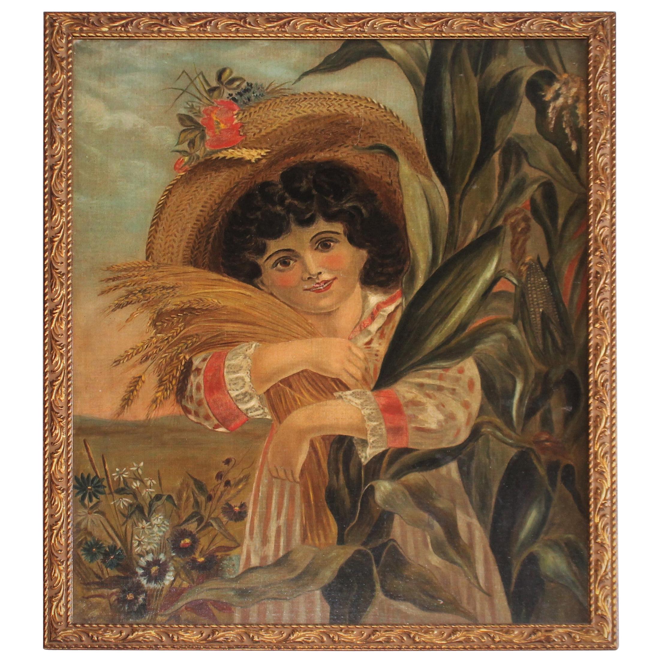 Peinture à l'huile d'art populaire du 19ème siècle représentant une fille tenant du blé