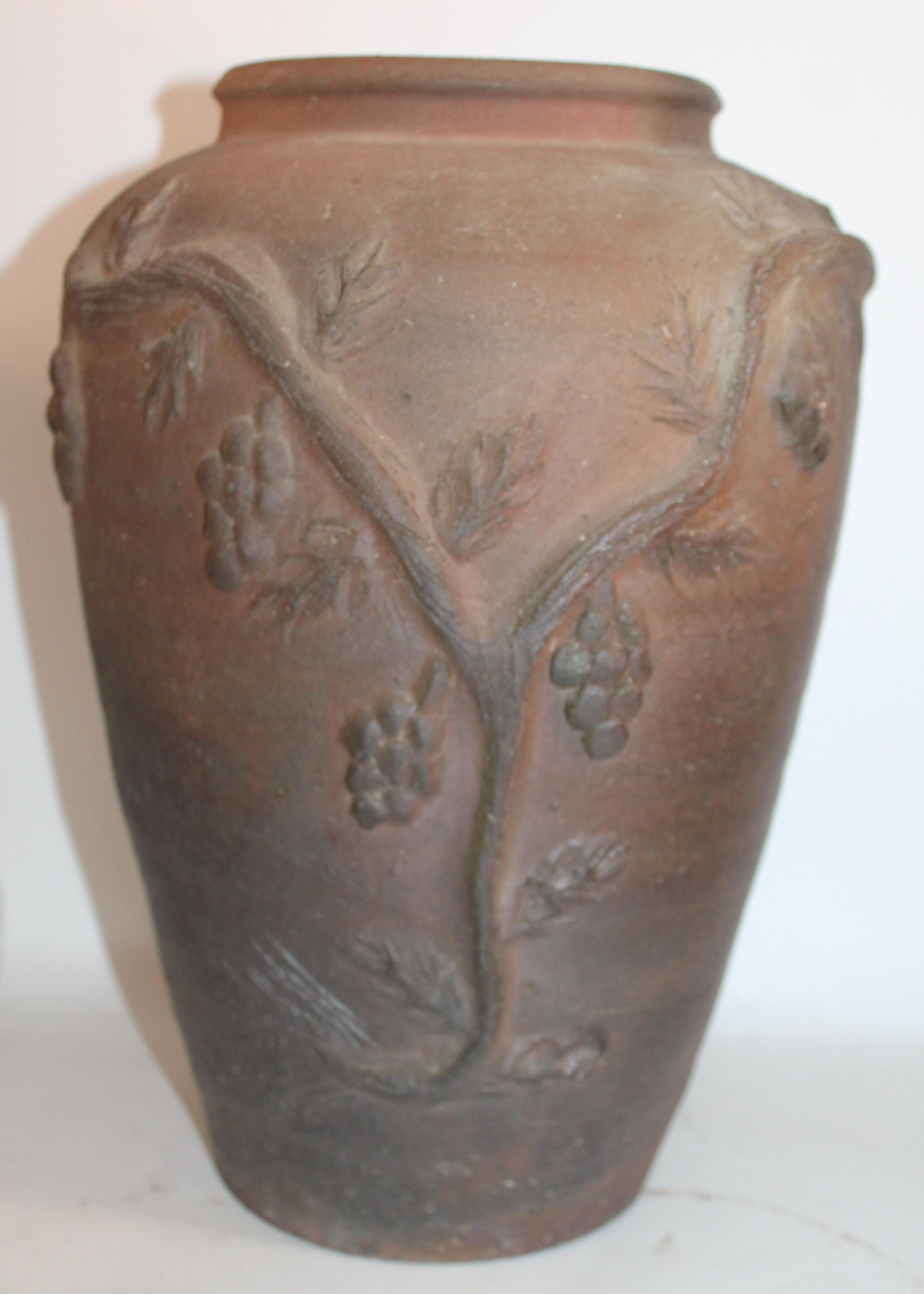 Country 19th Century Folk Art Red Clay or Pottery Grape Vine Vase/ Signed