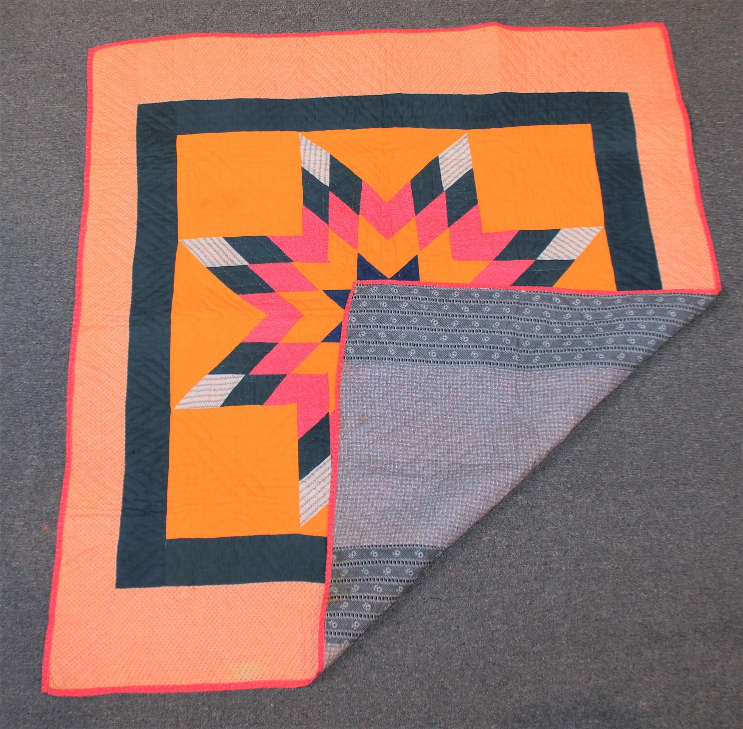 This fine eight point star crib quilt is in very Dutchy colors and is from Berks County, Pennsylvania. The condition is very good with very vivid colors. The backing has some water marks not does not detract from the beauty of this fine master piece.