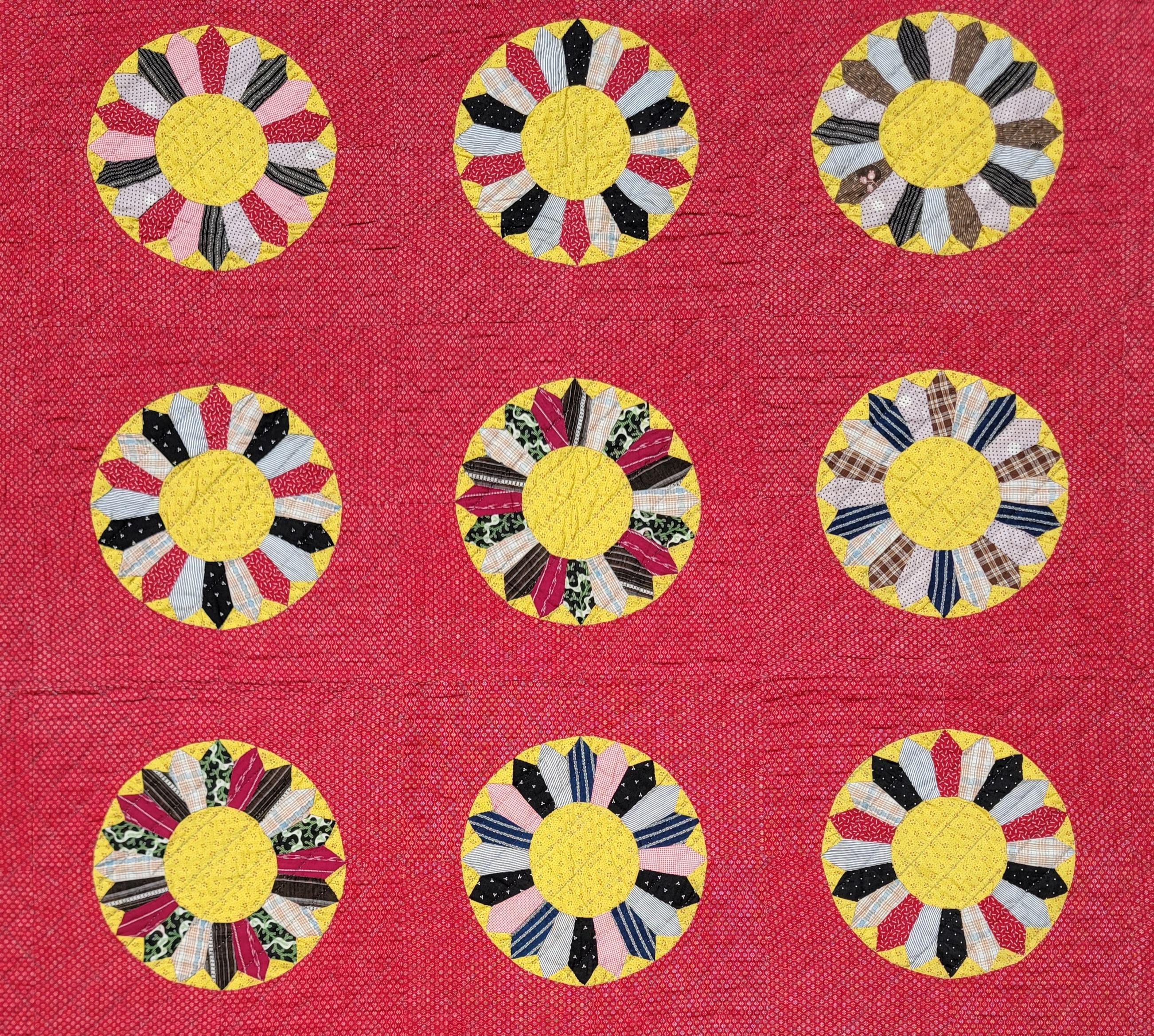 American 19thc Folky Sun Flower Quilt from Ohio