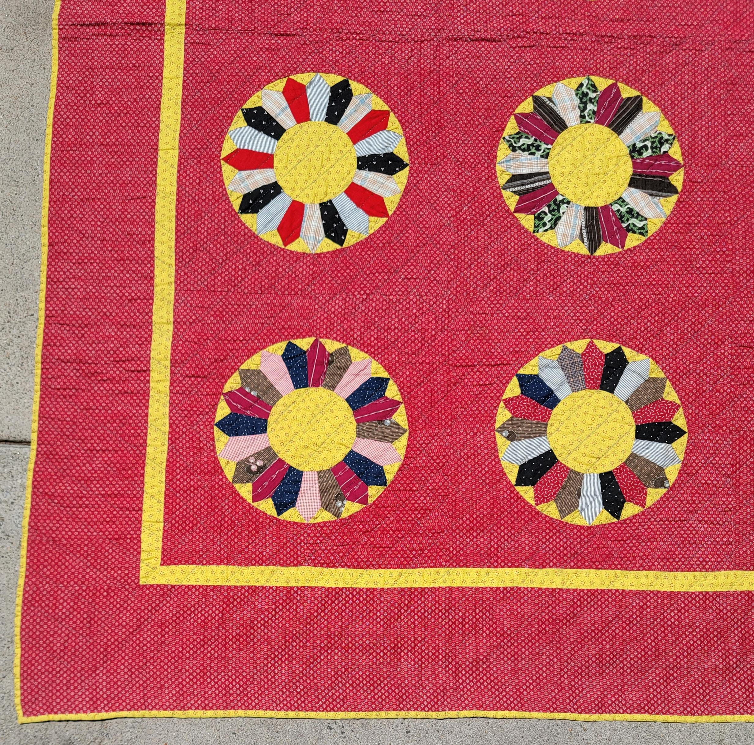 Hand-Crafted 19thc Folky Sun Flower Quilt from Ohio