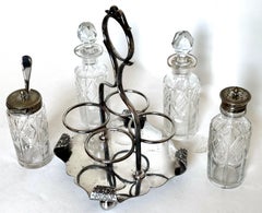 19thC. Four Bottle Victorian Silver Plated & Crystal Cruet Set, England, C.1880
